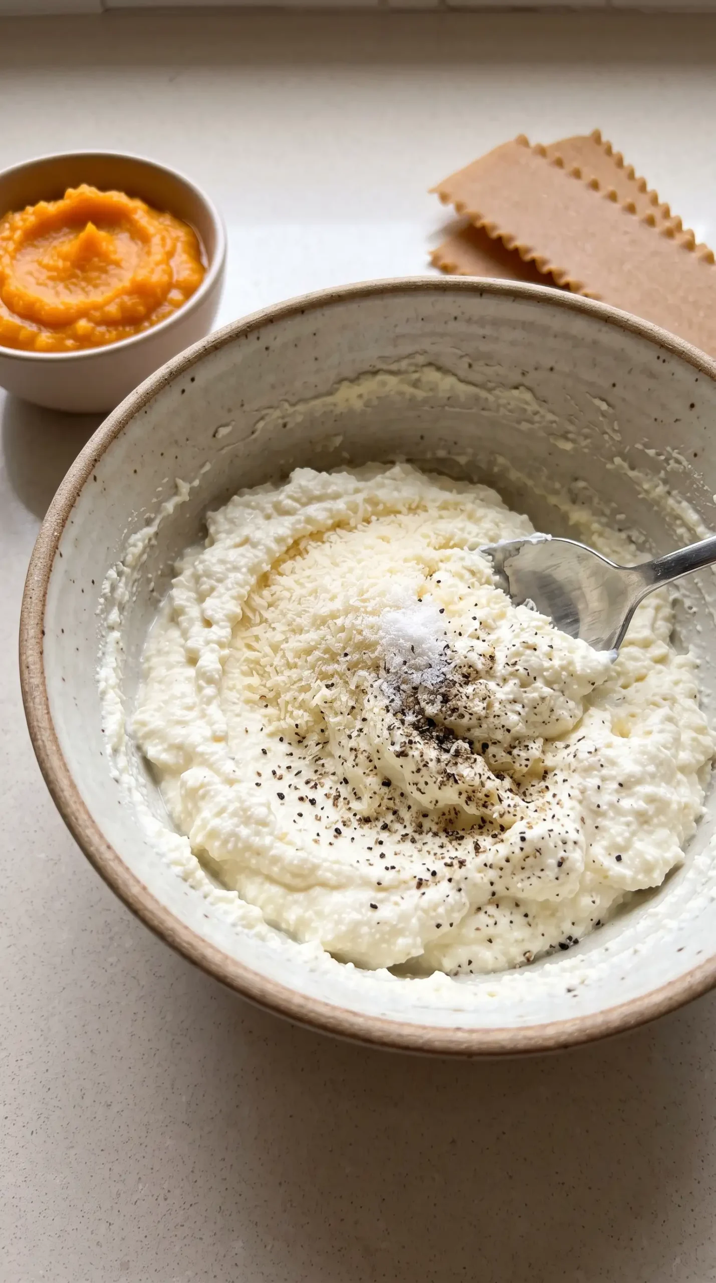 Ricotta mixture with Parmesan and seasoning for butternut squash lasagna layers