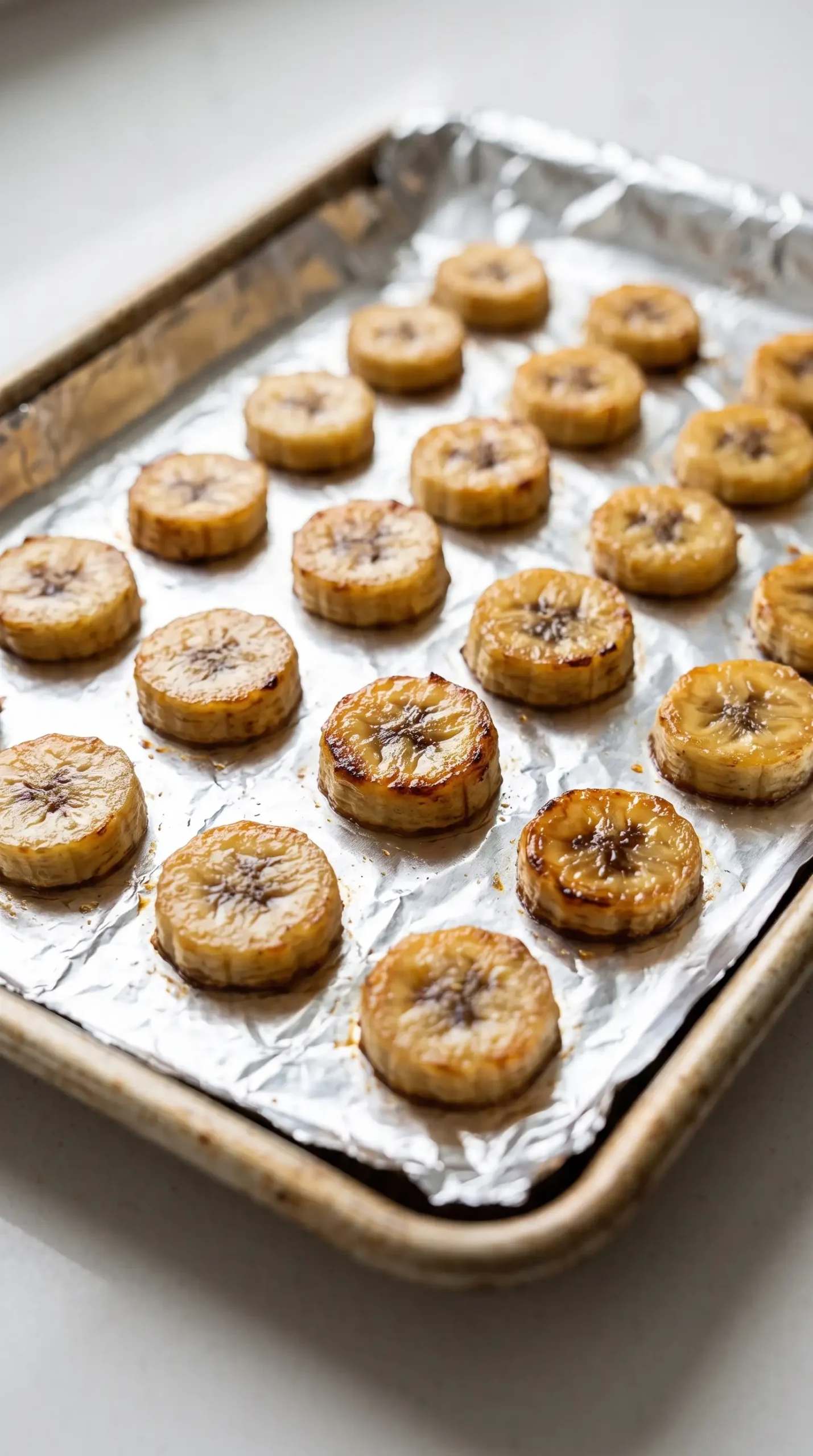 Roasted banana slices with golden caramelized edges on a baking sheet