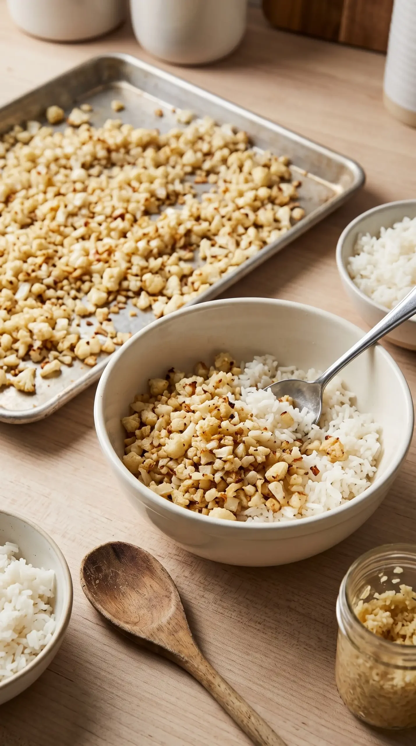 Roasted cauliflower rice mixed with white rice for bowl preparation