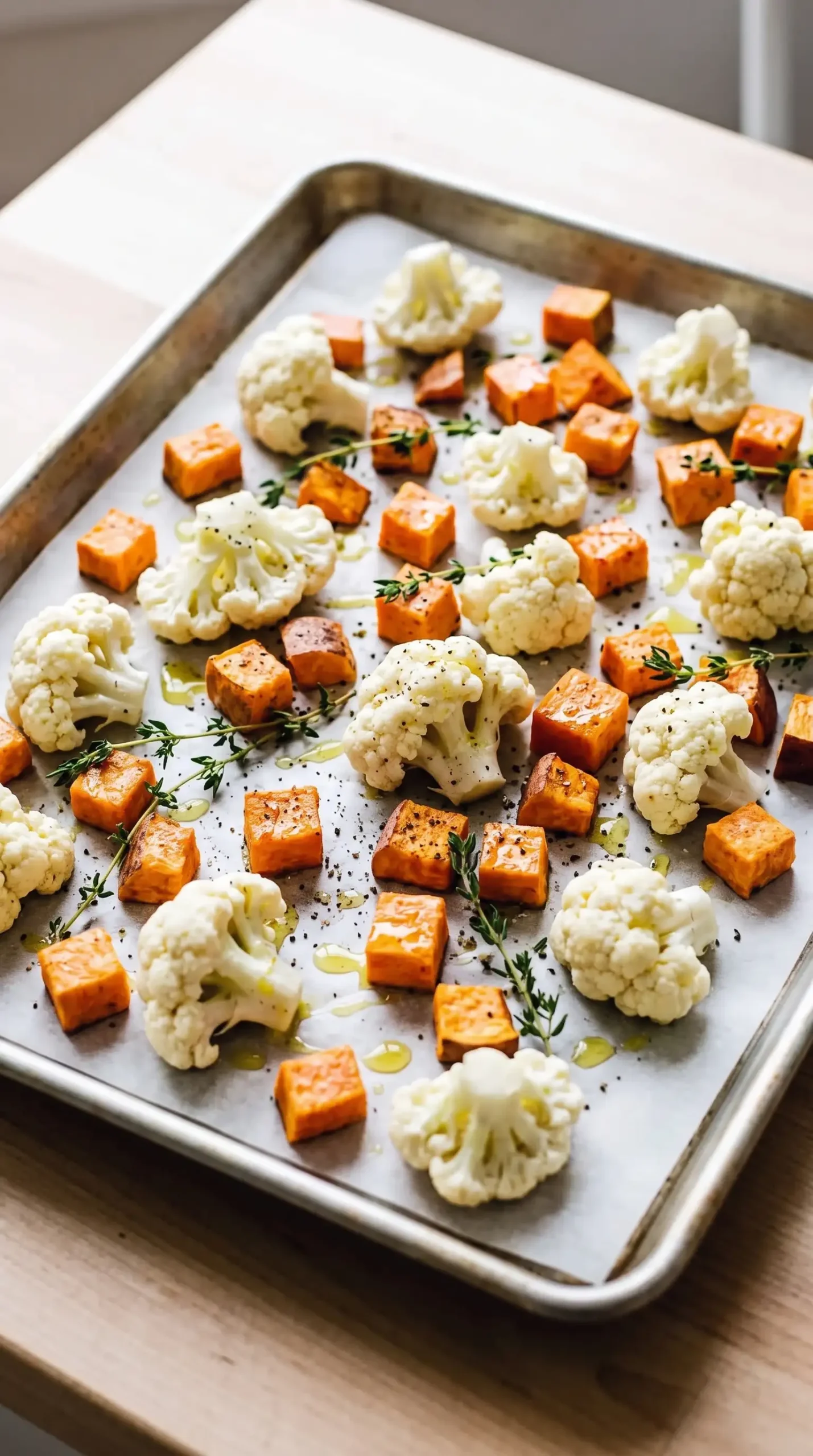 Cauliflower florets and sweet potato cubes prepared for roasting with herbs on a baking sheet