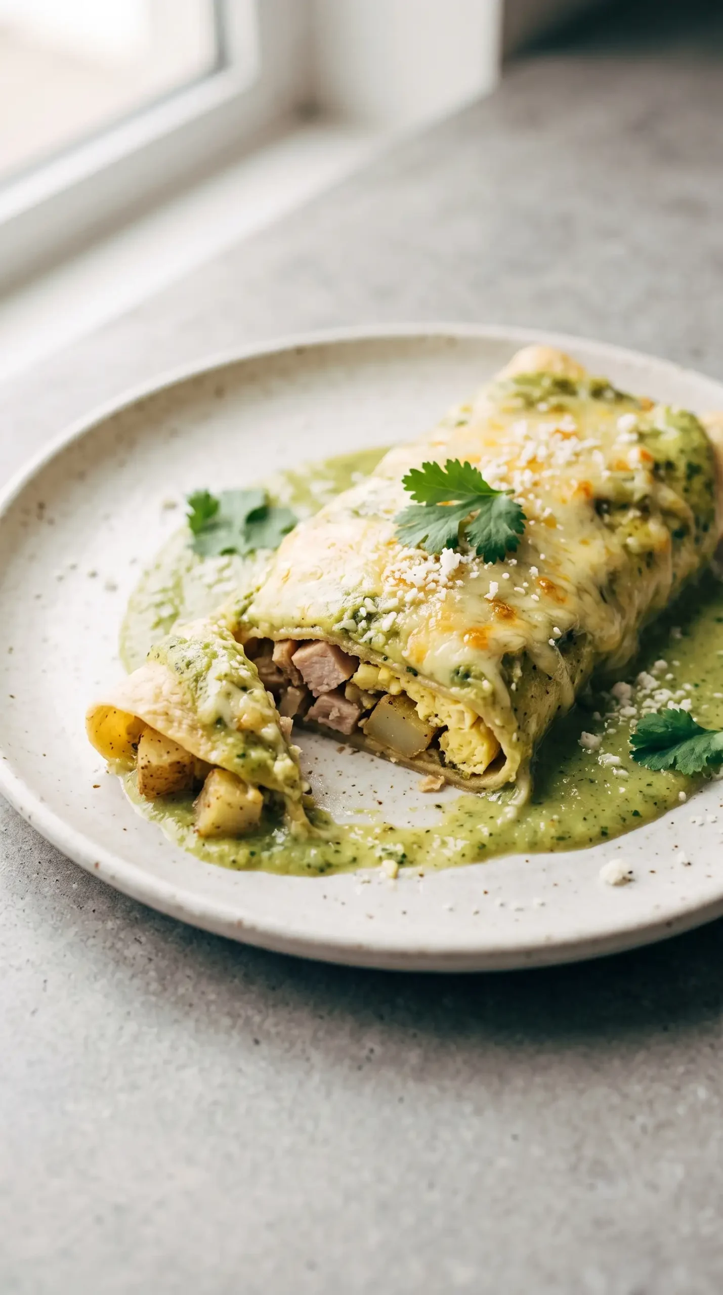 Serving of roasted poblano breakfast enchiladas with melted cheese and visible filling