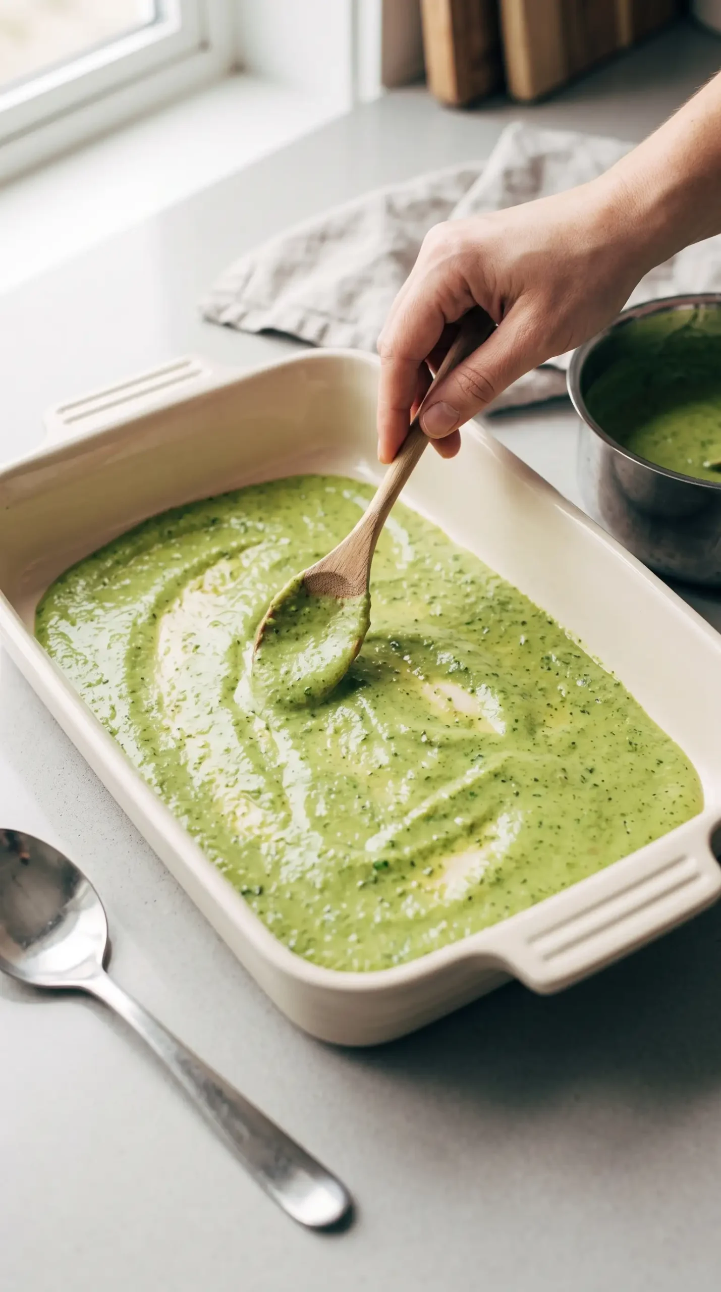 Roasted poblano sauce spread across the bottom of a baking dish for enchiladas