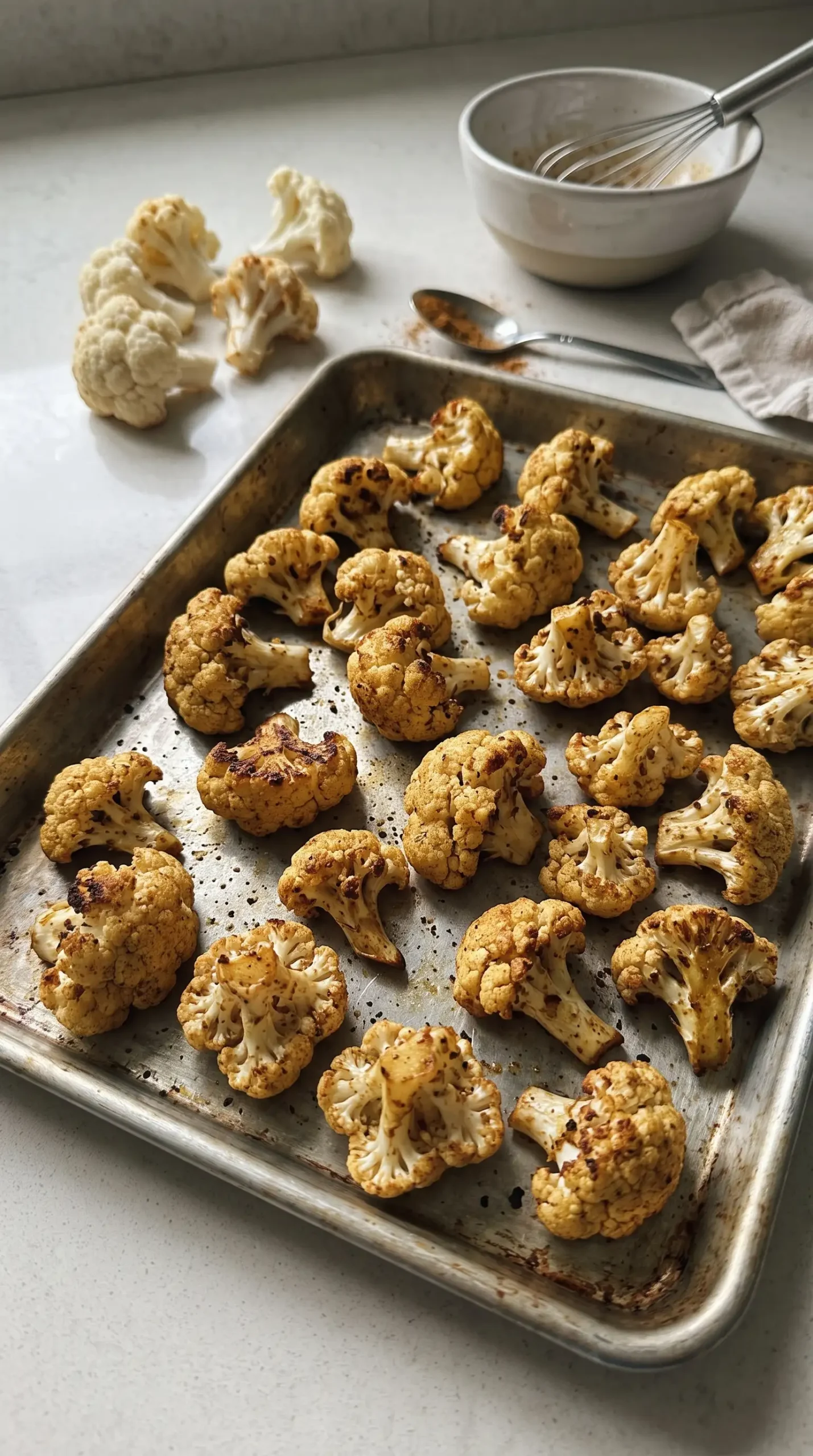 Roasted cauliflower florets with curry spices and golden browned edges on a baking sheet