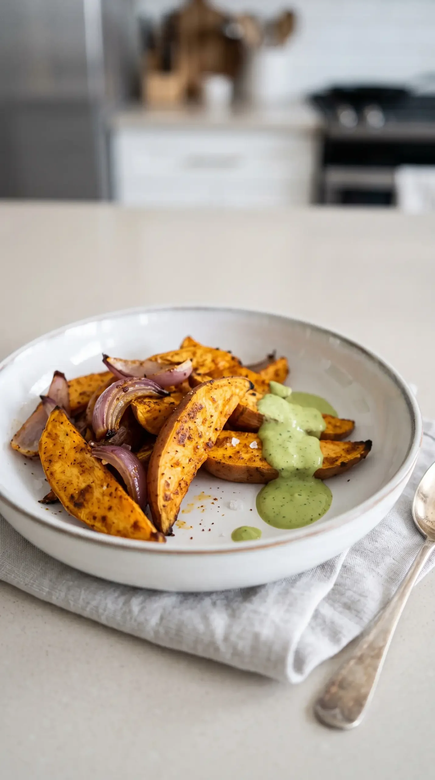 Roasted sweet potato wedges and red onion with avocado mojo sauce in a bowl