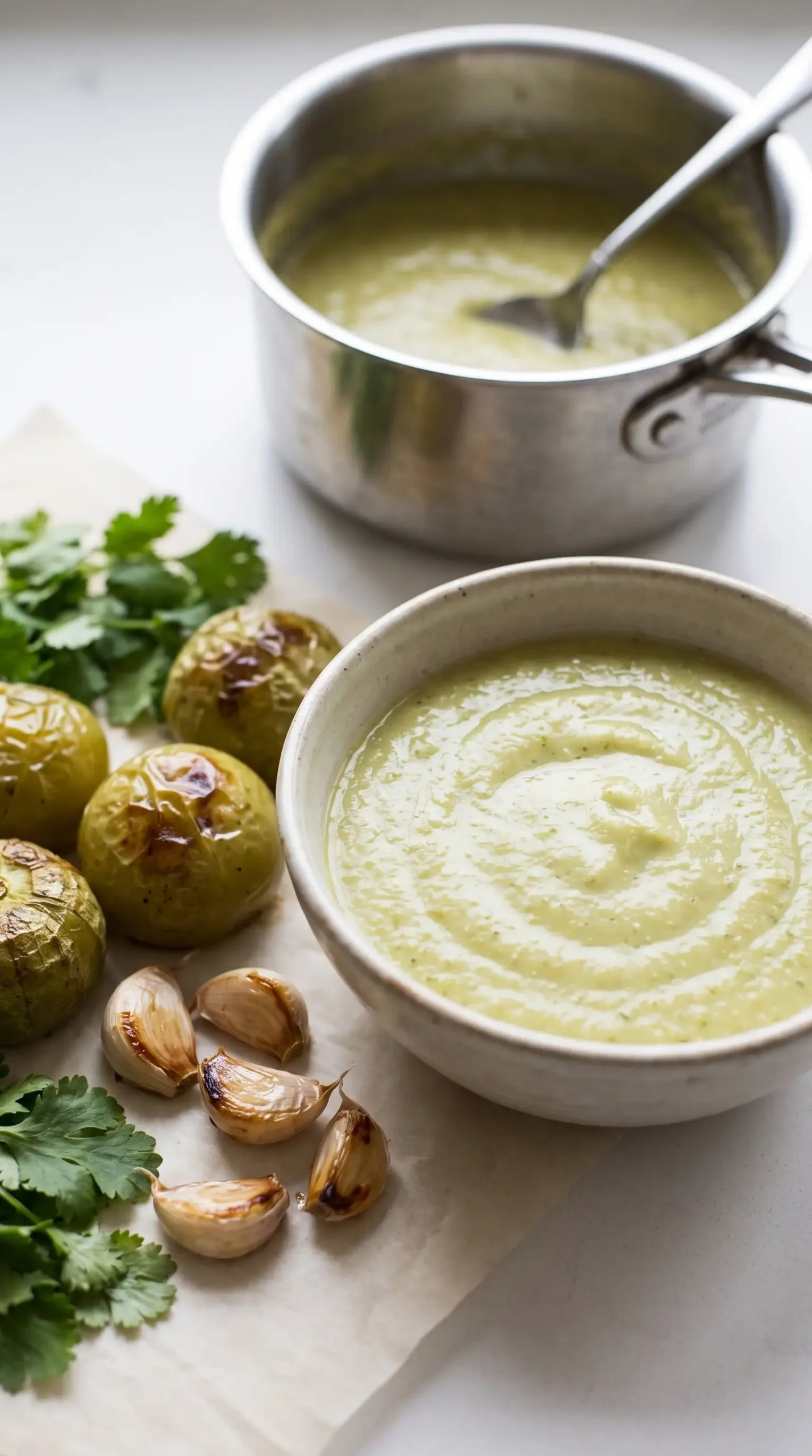 Creamy tomatillo sauce with roasted tomatillos, garlic, and cilantro in a bowl
