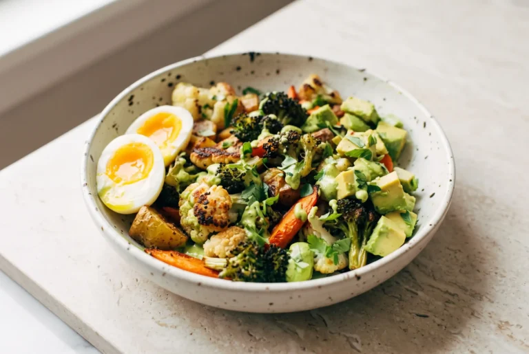 Roasted vegetable bowls with green tahini sauce, eggs, avocado, and colorful roasted vegetables