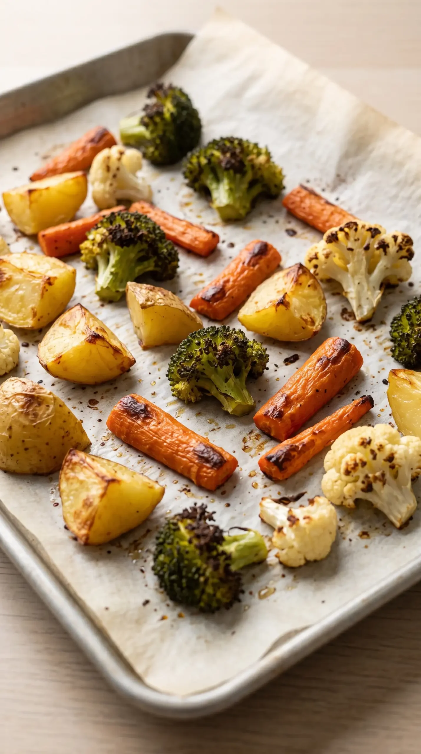 Roasted potatoes, carrots, broccoli, and cauliflower on a baking sheet