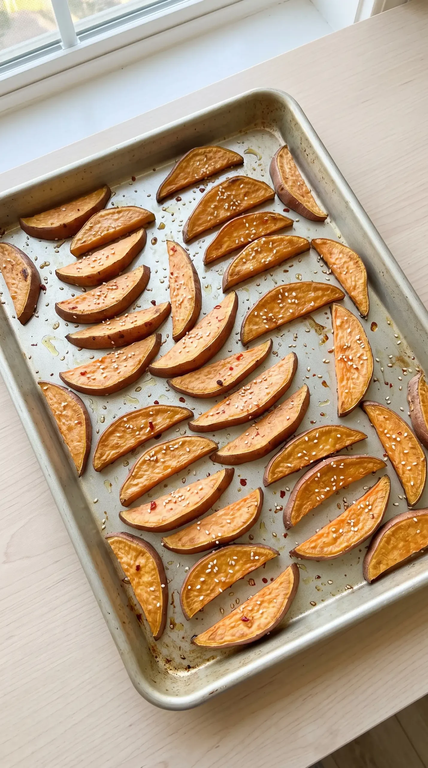 Sweet potato wedges roasting on a baking tray with golden edges and seasoning