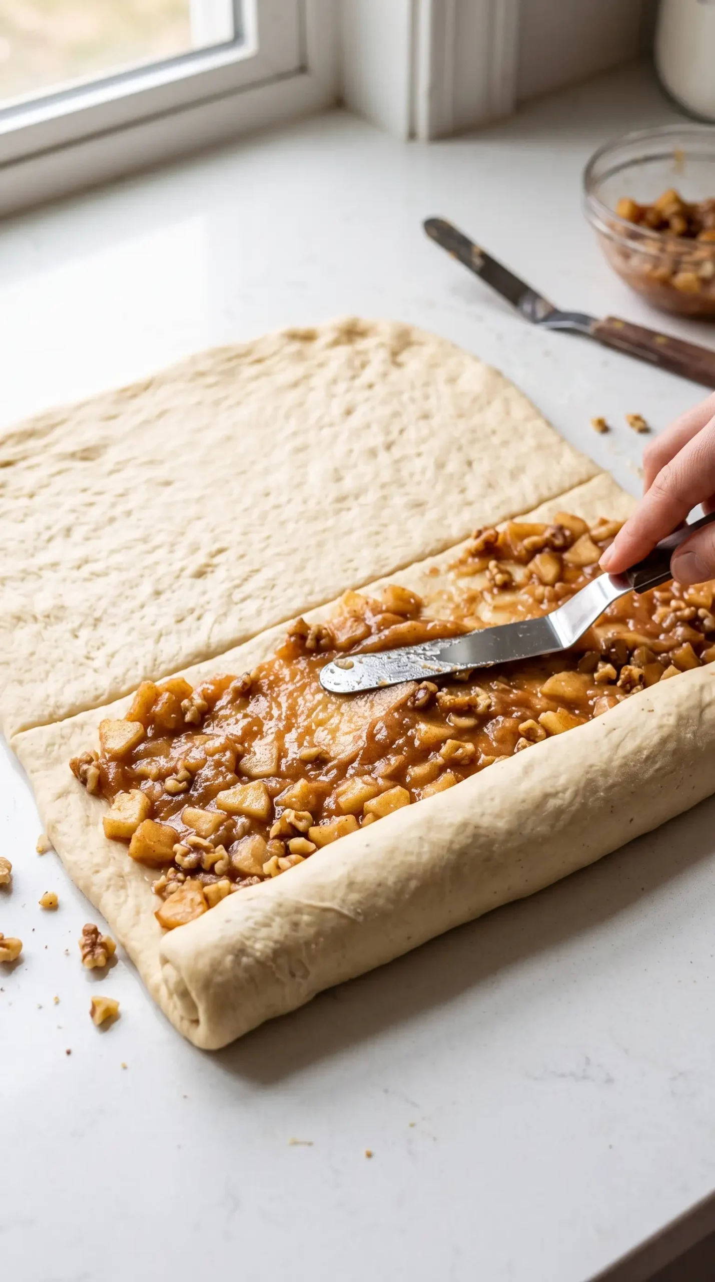 Yeast dough spread with apple filling before rolling caramel rolls