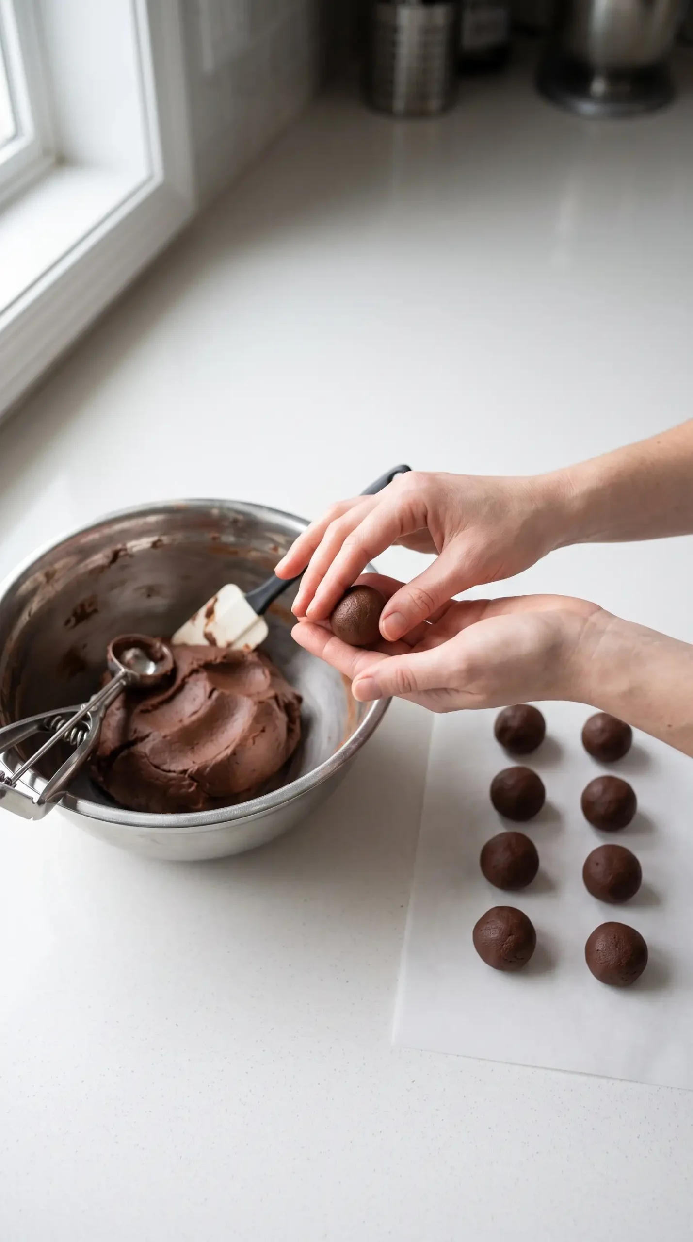 Hands rolling chilled chocolate cake bite mixture into small round portions