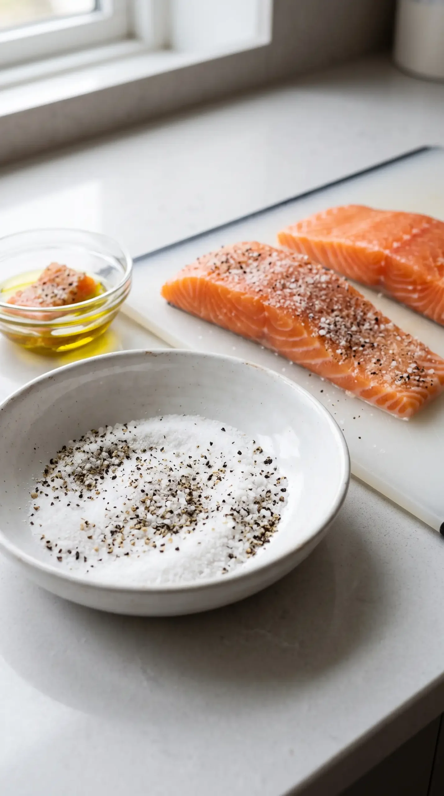 Sugar, salt, and pepper coating prepared for salmon fillets before cooking