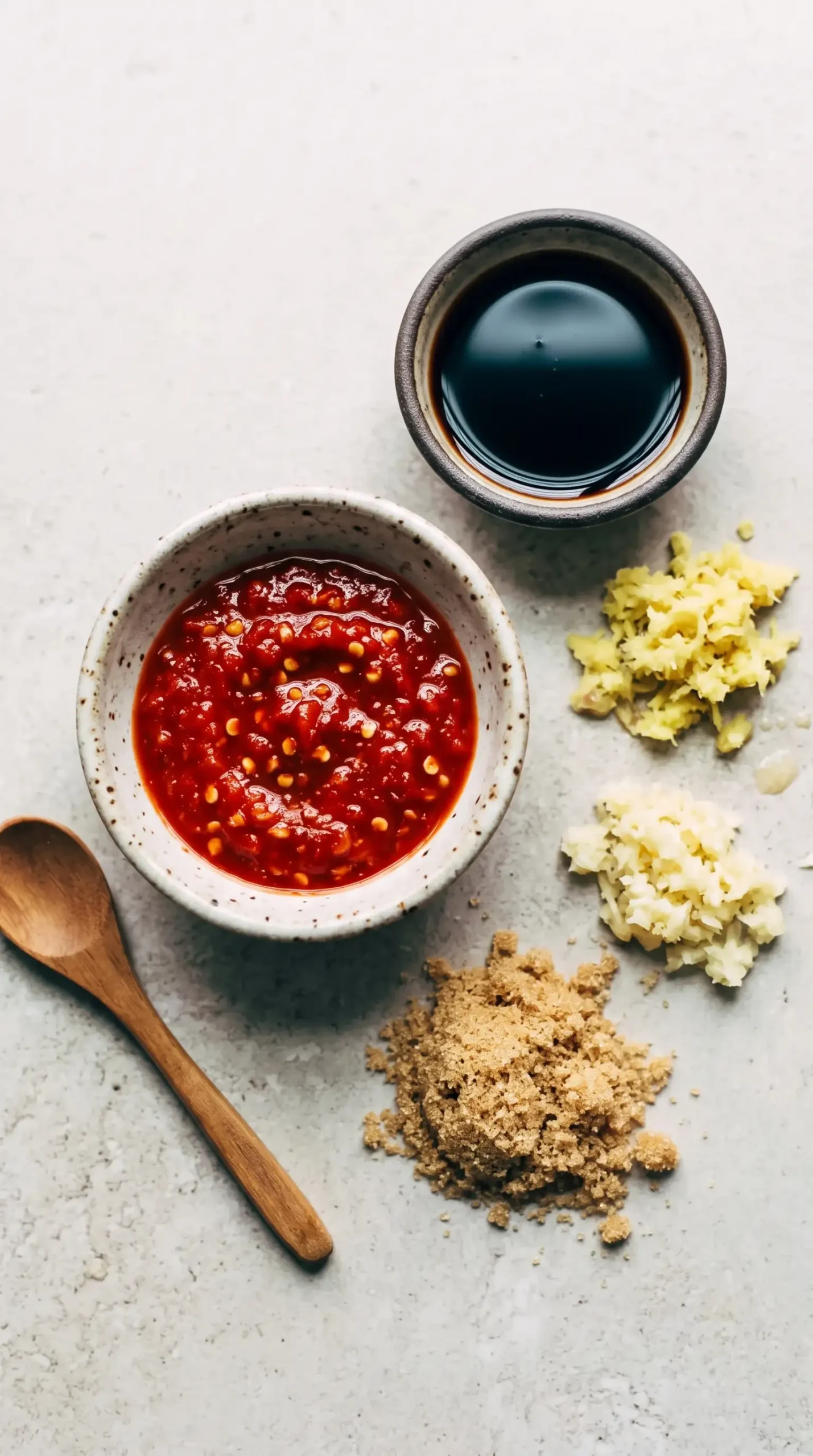 Sambal, soy sauce, brown sugar, ginger, and garlic prepared for spicy pork sauce
