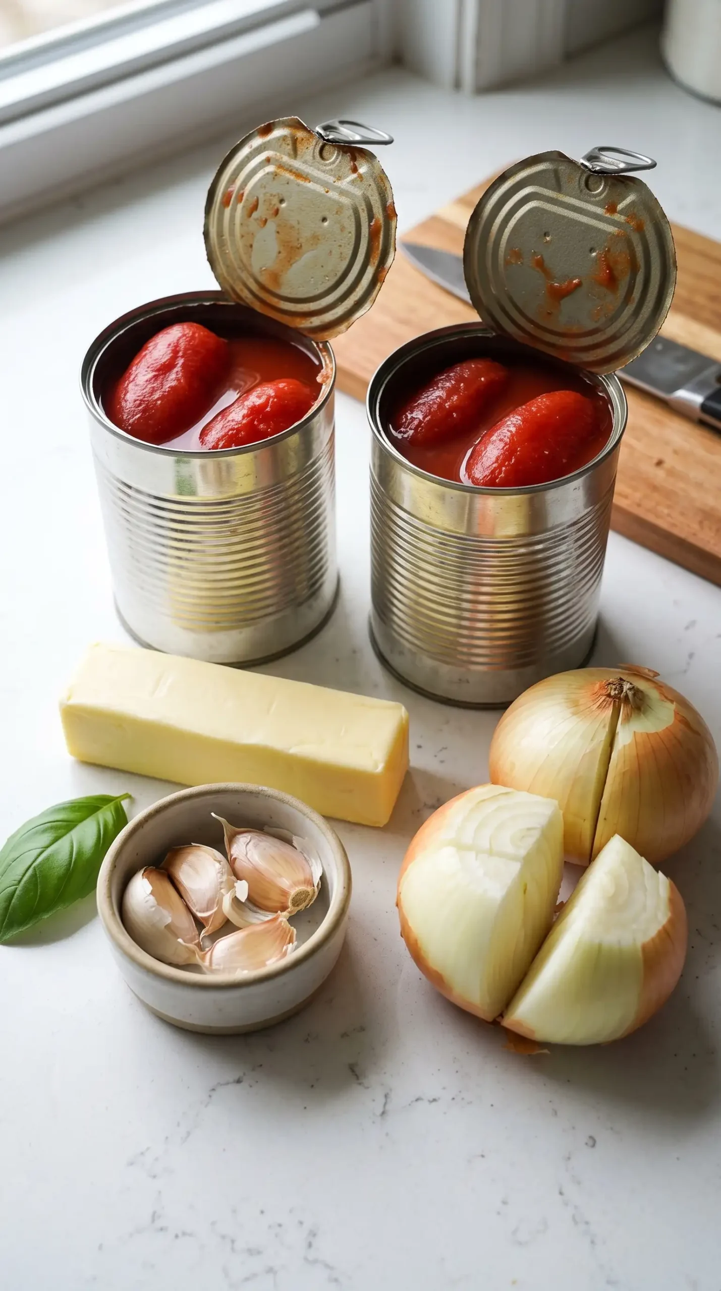 San Marzano tomatoes, butter, onion, and garlic prepared for tomato soup