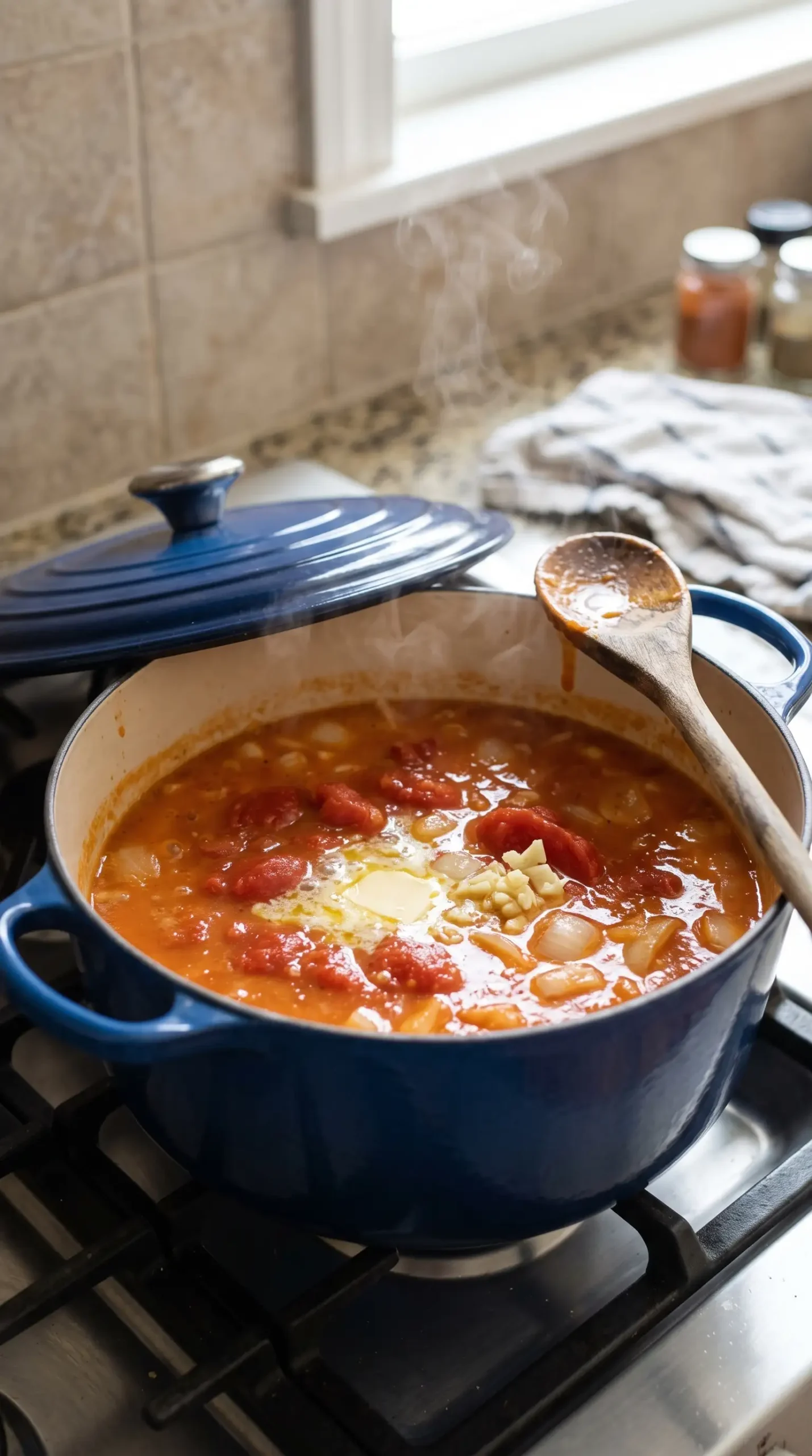 San Marzano tomato soup ingredients simmering with butter, onion, and garlic in a pot
