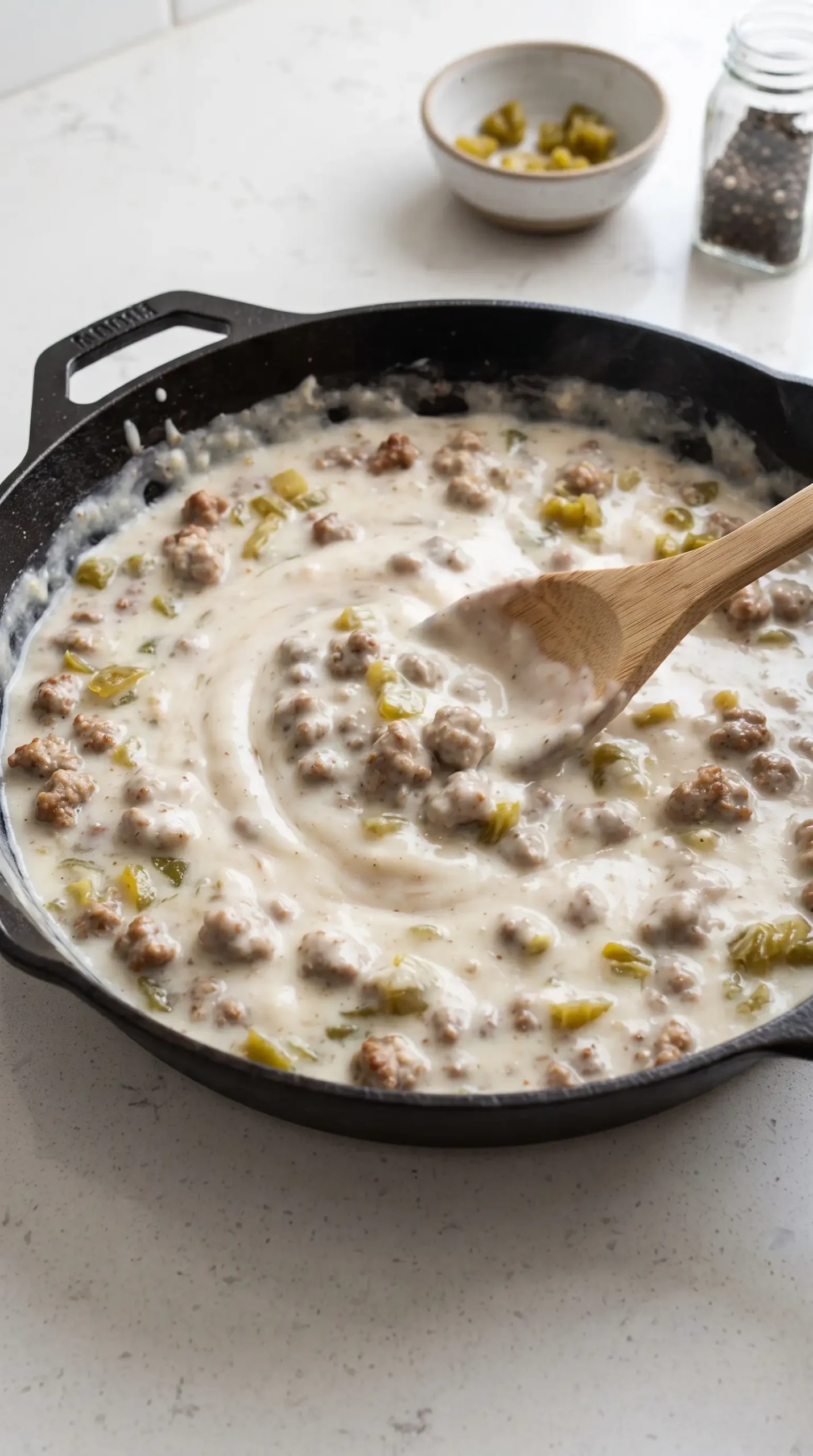 Creamy sausage and green chile gravy cooking in a cast iron skillet