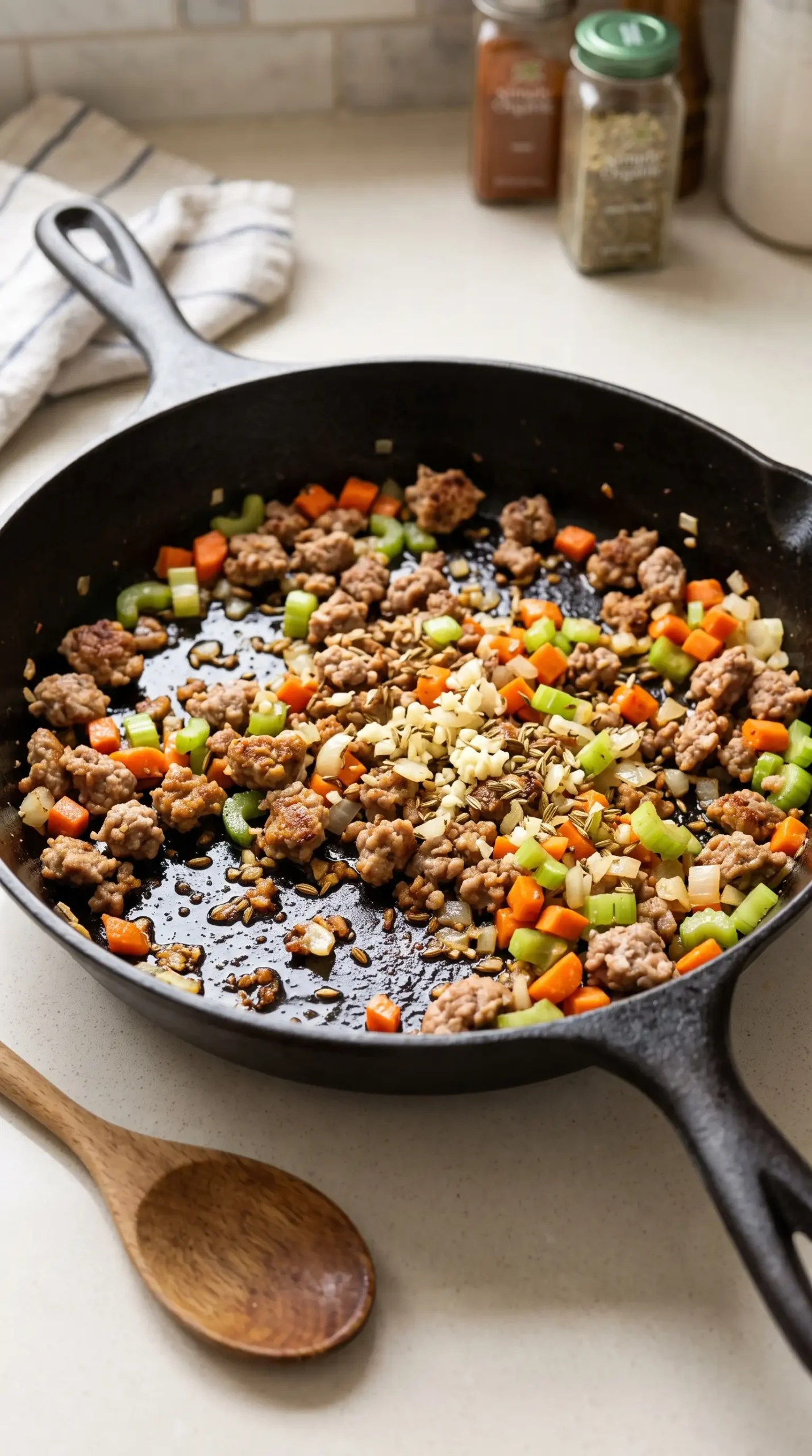 Italian sausage browning with carrots, celery, onion, garlic, and fennel in a skillet