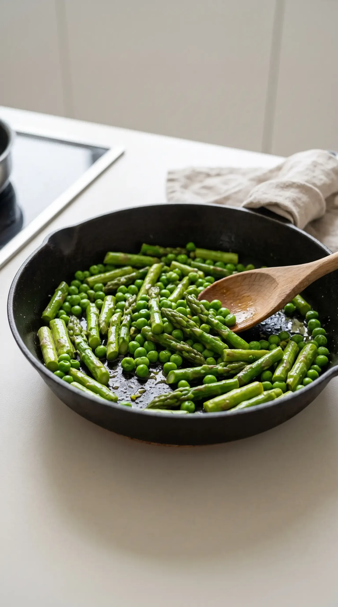Sautéed asparagus and peas prepared as toppings for vegetable pizza