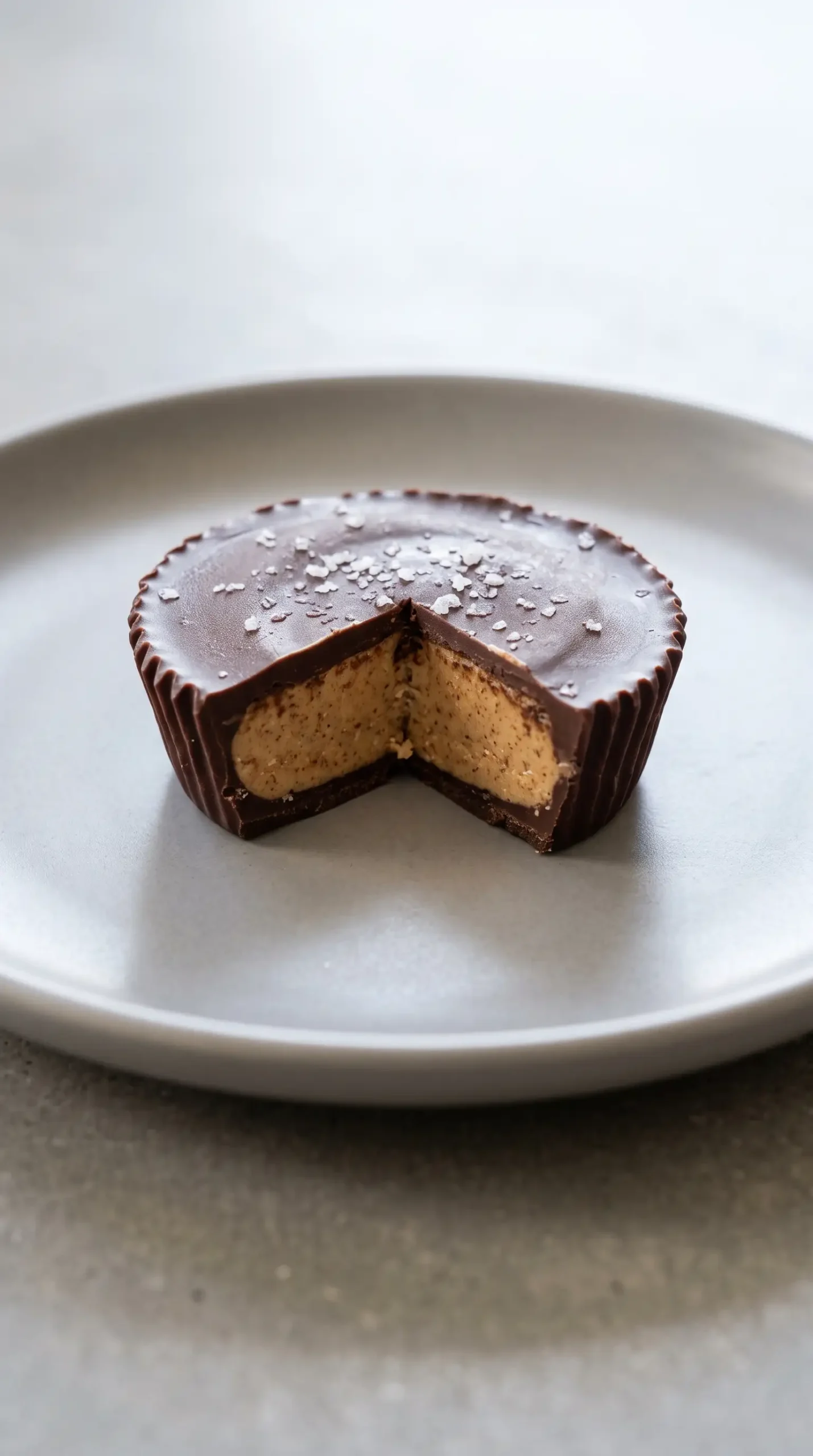 Chilled almond butter cup topped with coarse sea salt on a ceramic plate