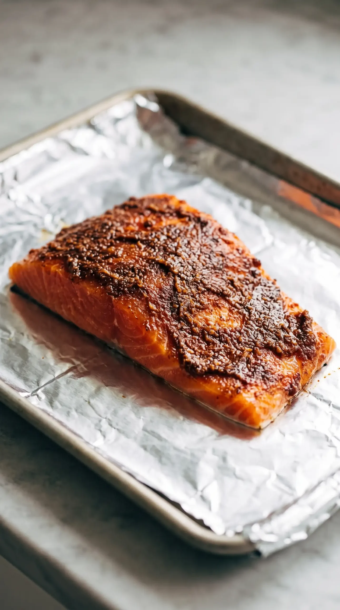 Seasoned salmon fillet coated with barbecue spices on a baking sheet