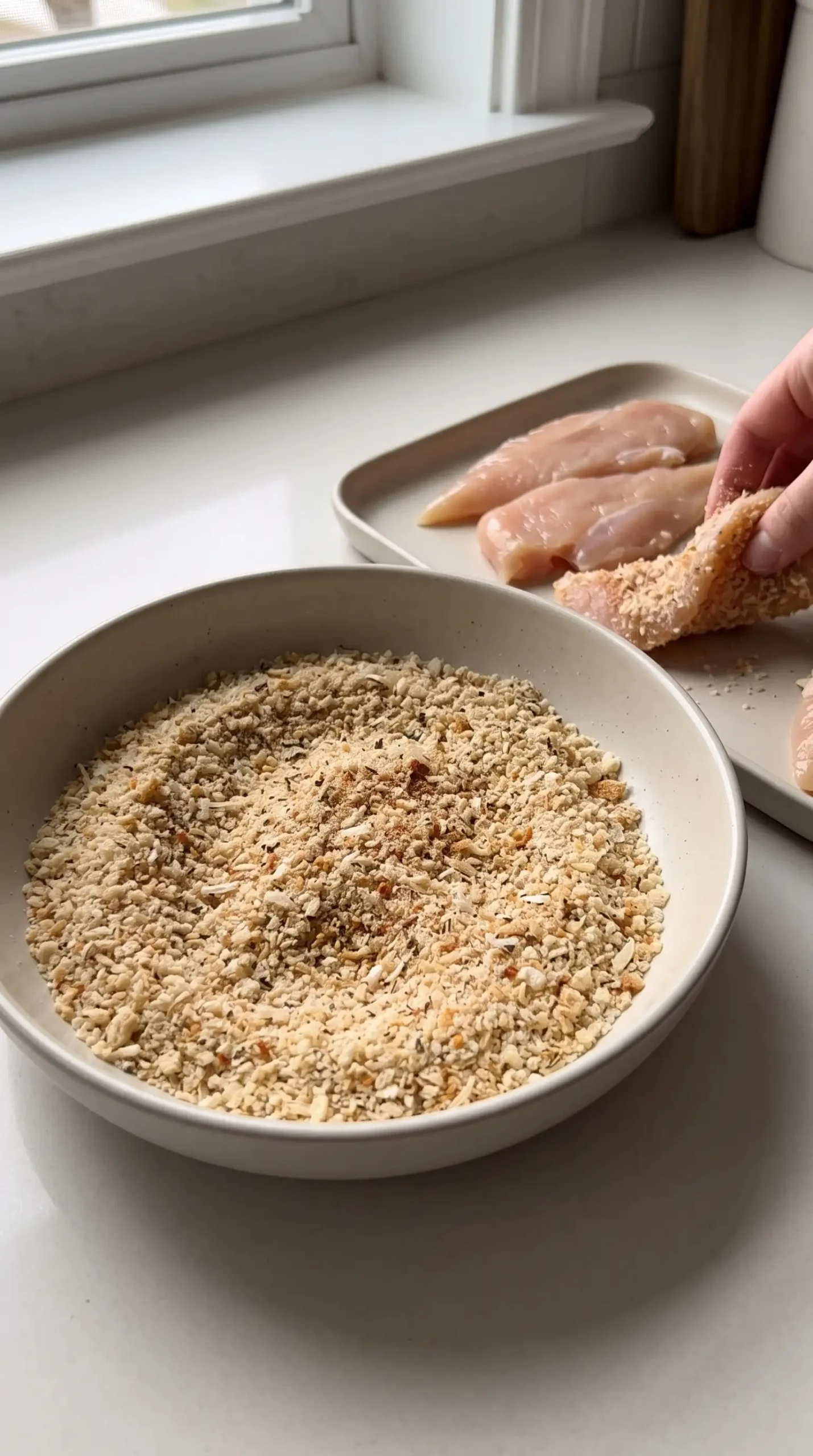 Seasoned breadcrumbs in a bowl with chicken tenderloins ready for coating