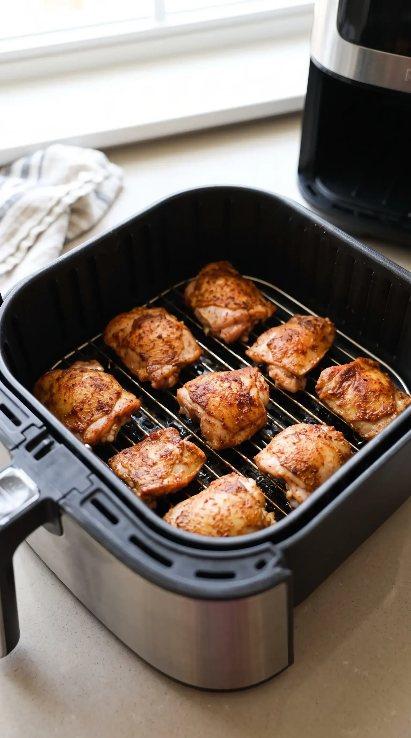 Seasoned chicken thighs arranged in an air fryer basket for cooking
