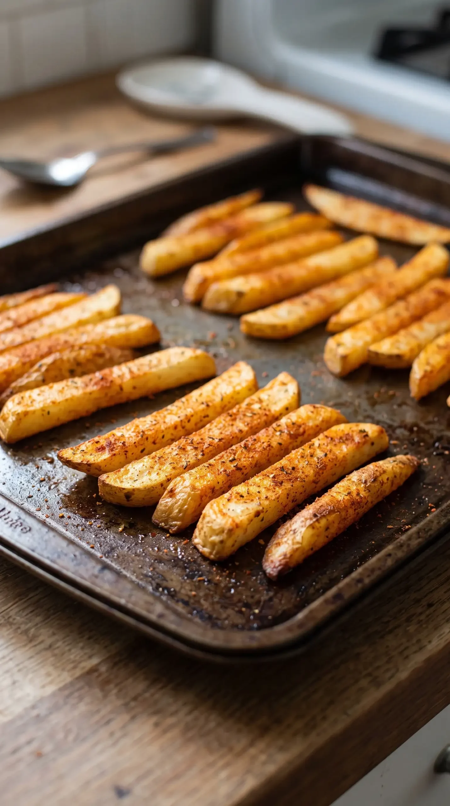 Seasoned Idaho potato fries baking on a parchment-lined sheet pan