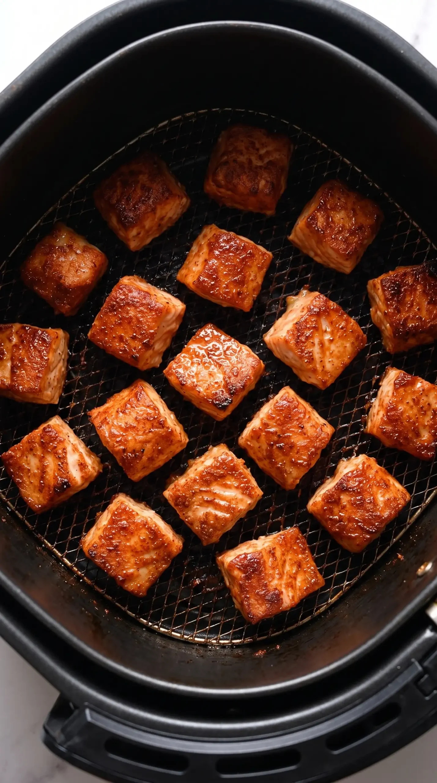 Seasoned salmon cubes arranged in an air fryer basket before cooking