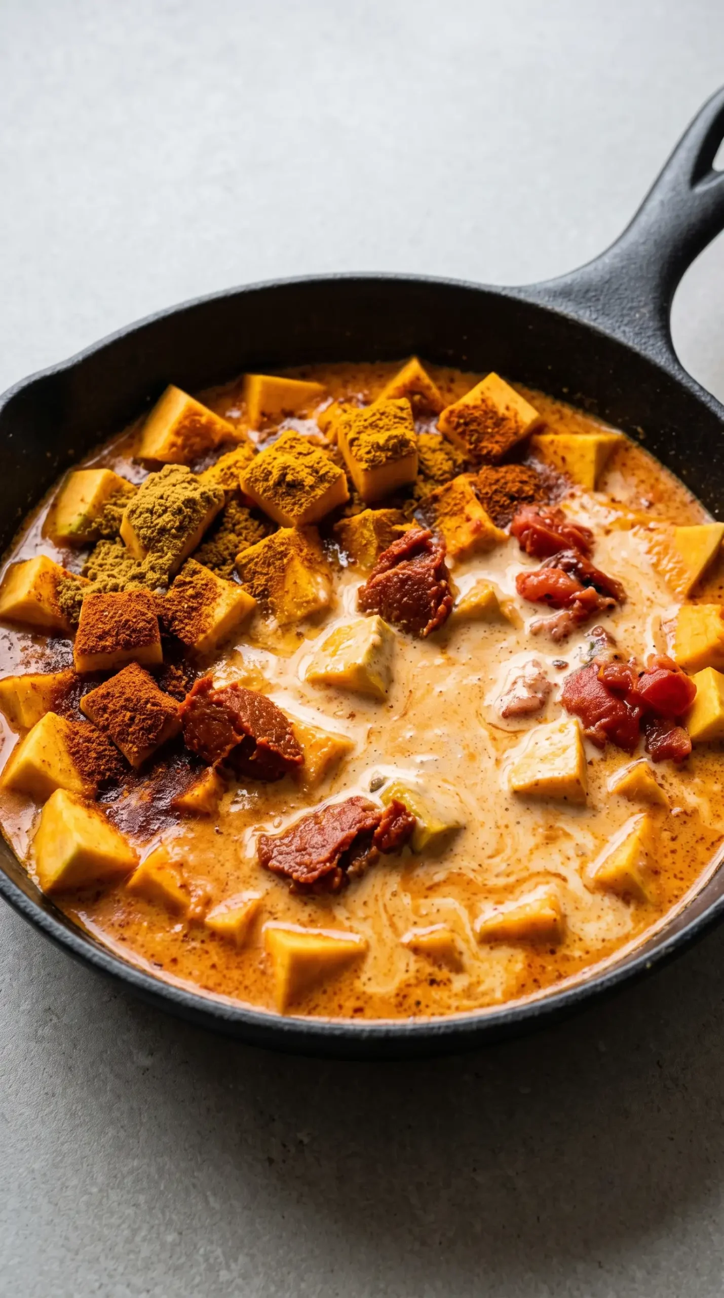 Kabocha squash cubes coated with curry spices and coconut sauce in a skillet