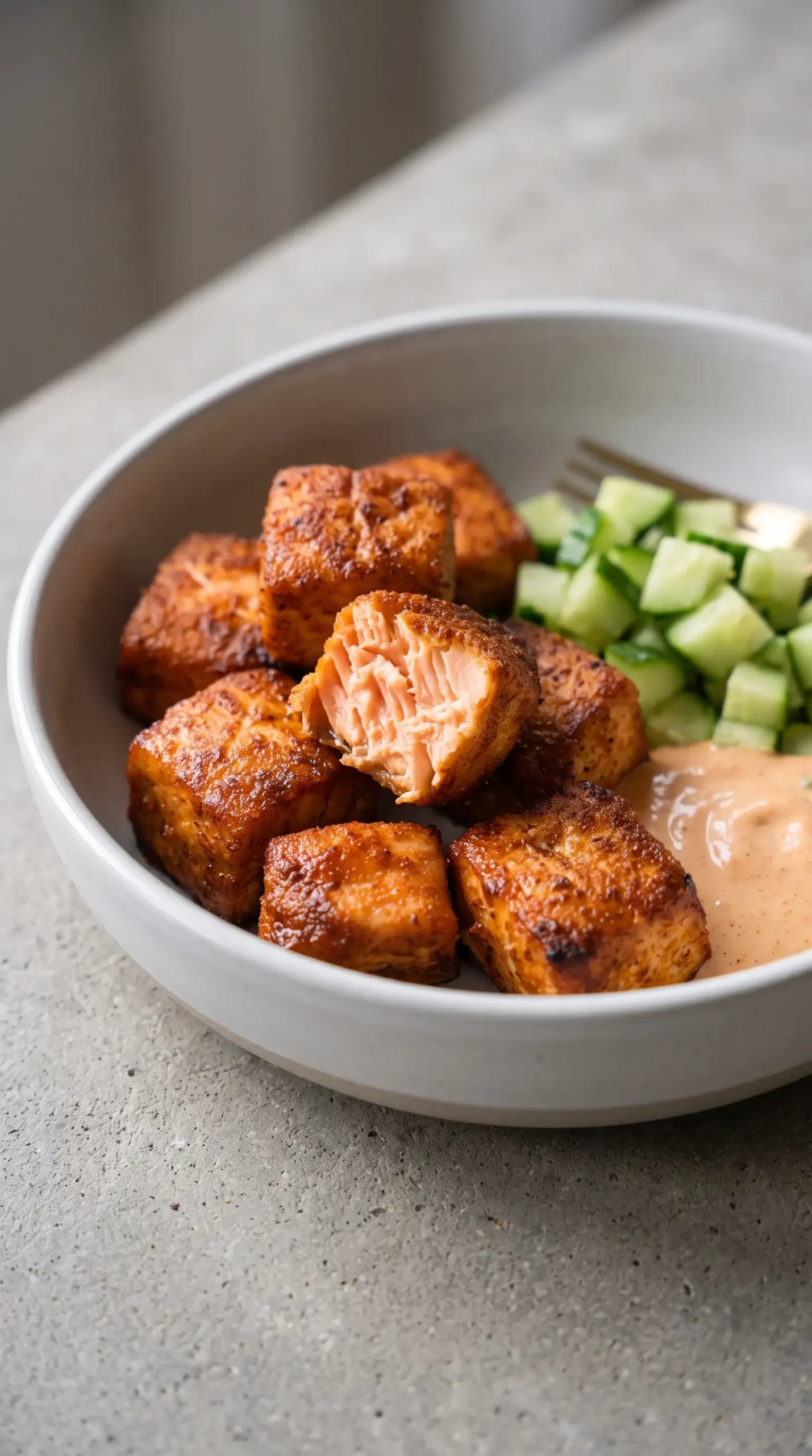 Finished air fryer salmon bites served with vegetables and dipping sauce