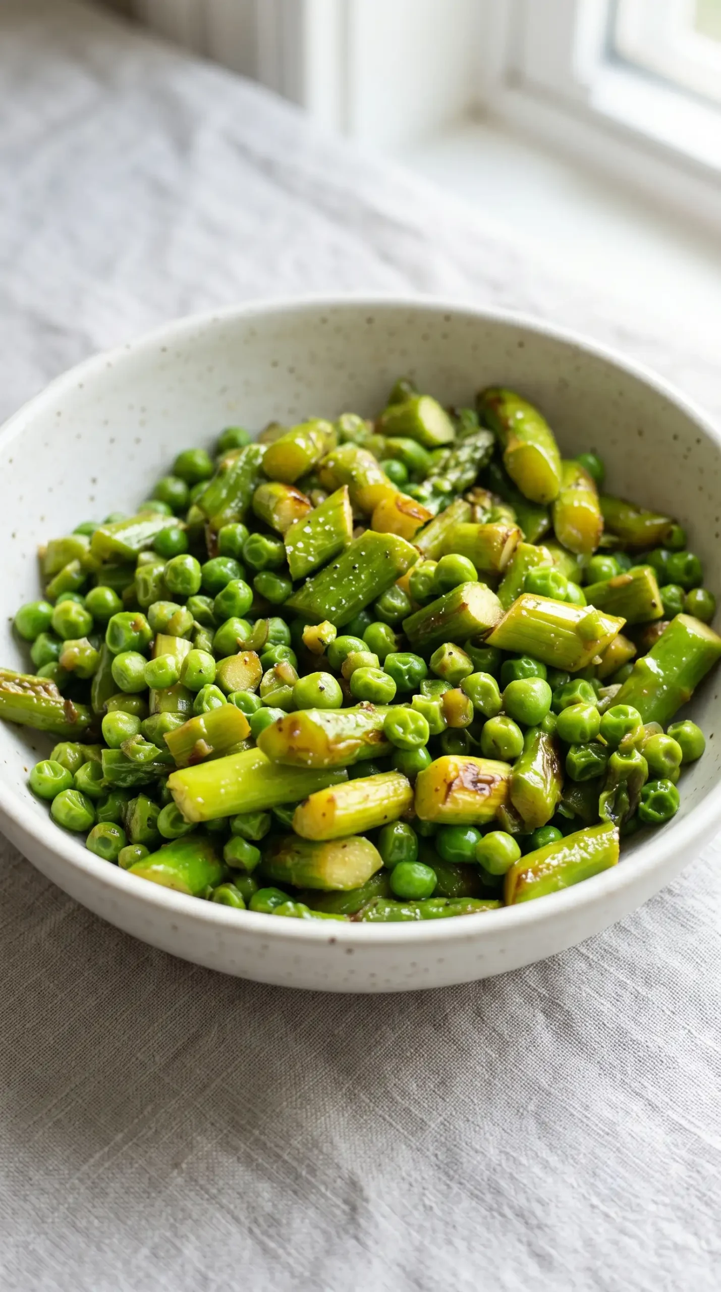 Finished asparagus pea saute with tender green vegetables coated in butter, shallot, and honey