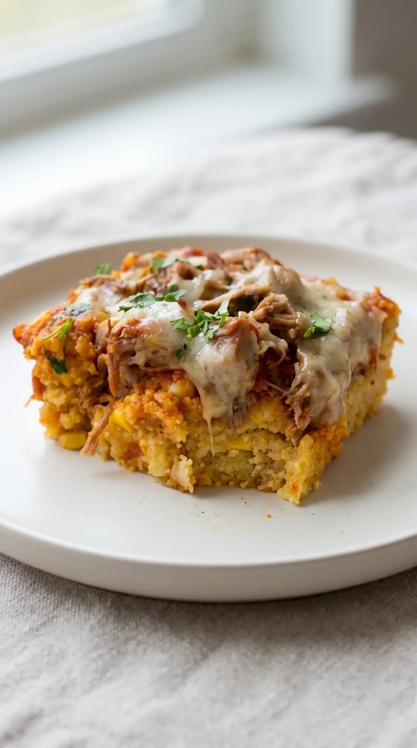 Plated carnitas tamale pie square with tender corn base, pork, cheese, and cilantro