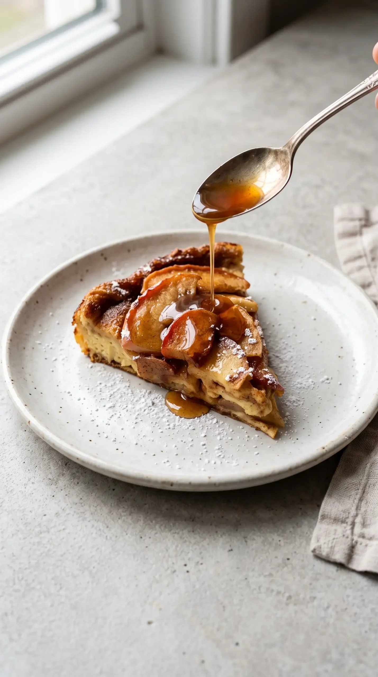 Baked apple pancake served with apple cider syrup poured over the top