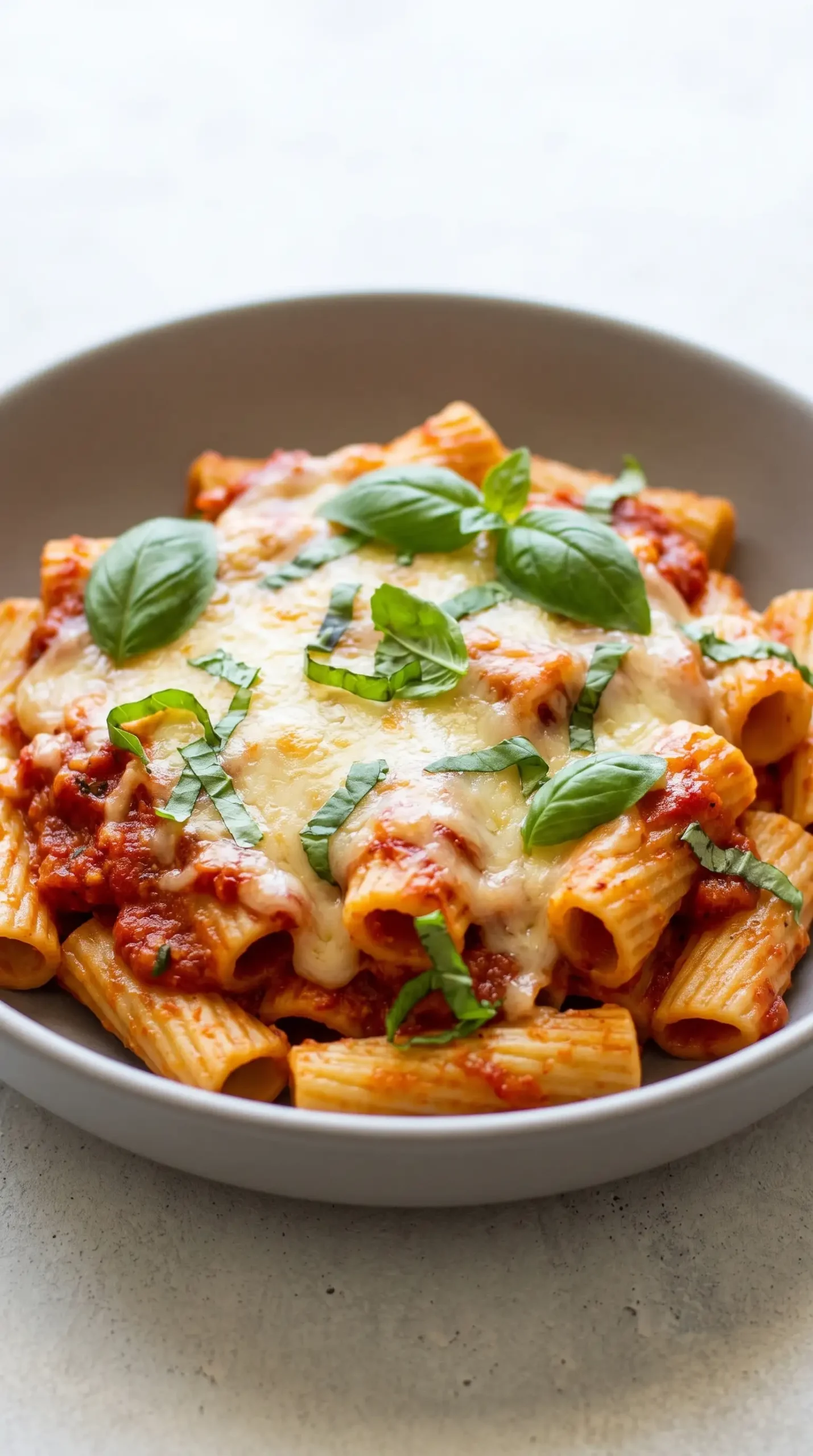 Serving of baked Caprese rigatoni with tomato basil sauce and melted cheese