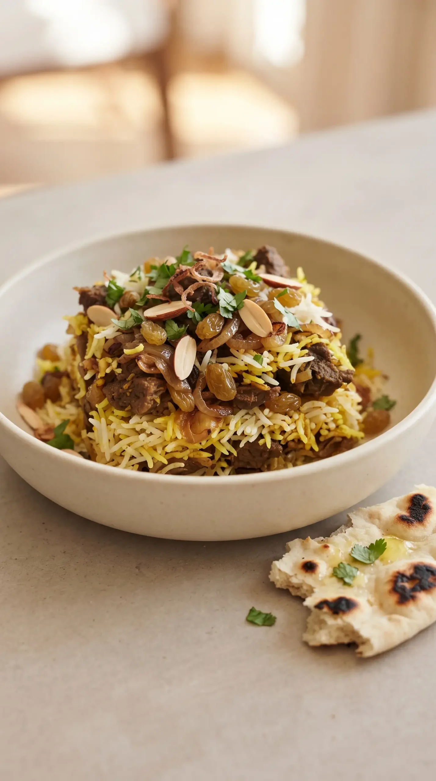 Serving of beef biryani with basmati rice, beef, almonds, raisins, cilantro, and naan