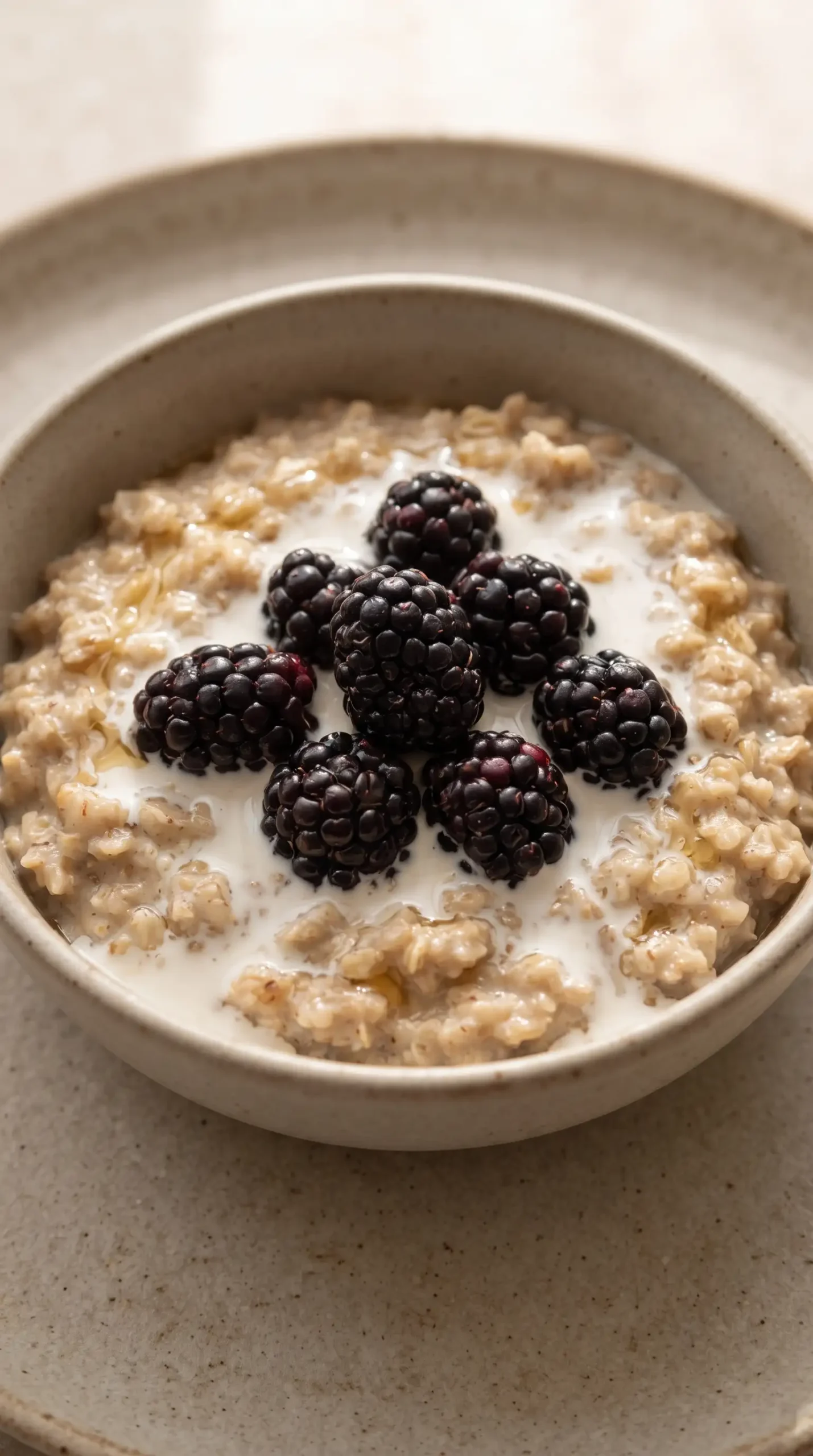 Finished blackberries and cream oatmeal topped with berries, cream, and honey