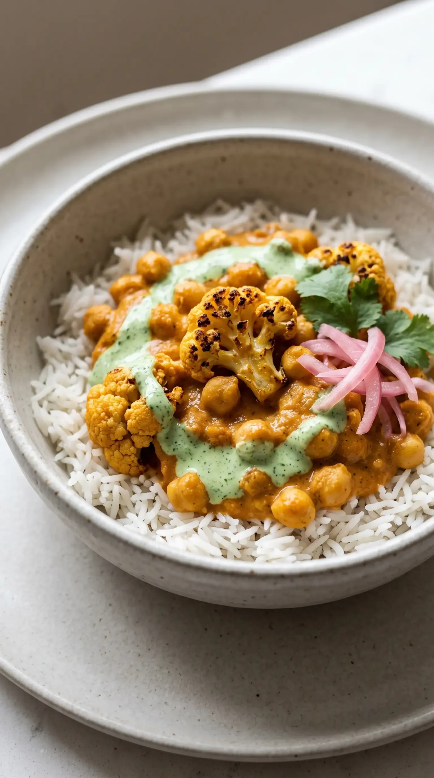 Butter cauliflower with chickpeas, rice, creamy sauce, herb topping, and pickled onions