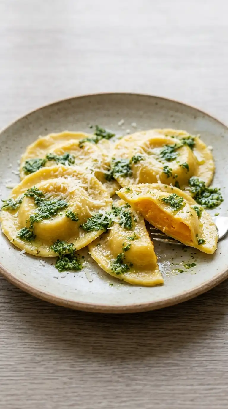 Plated butternut squash ravioli topped with kale pesto and Parmesan