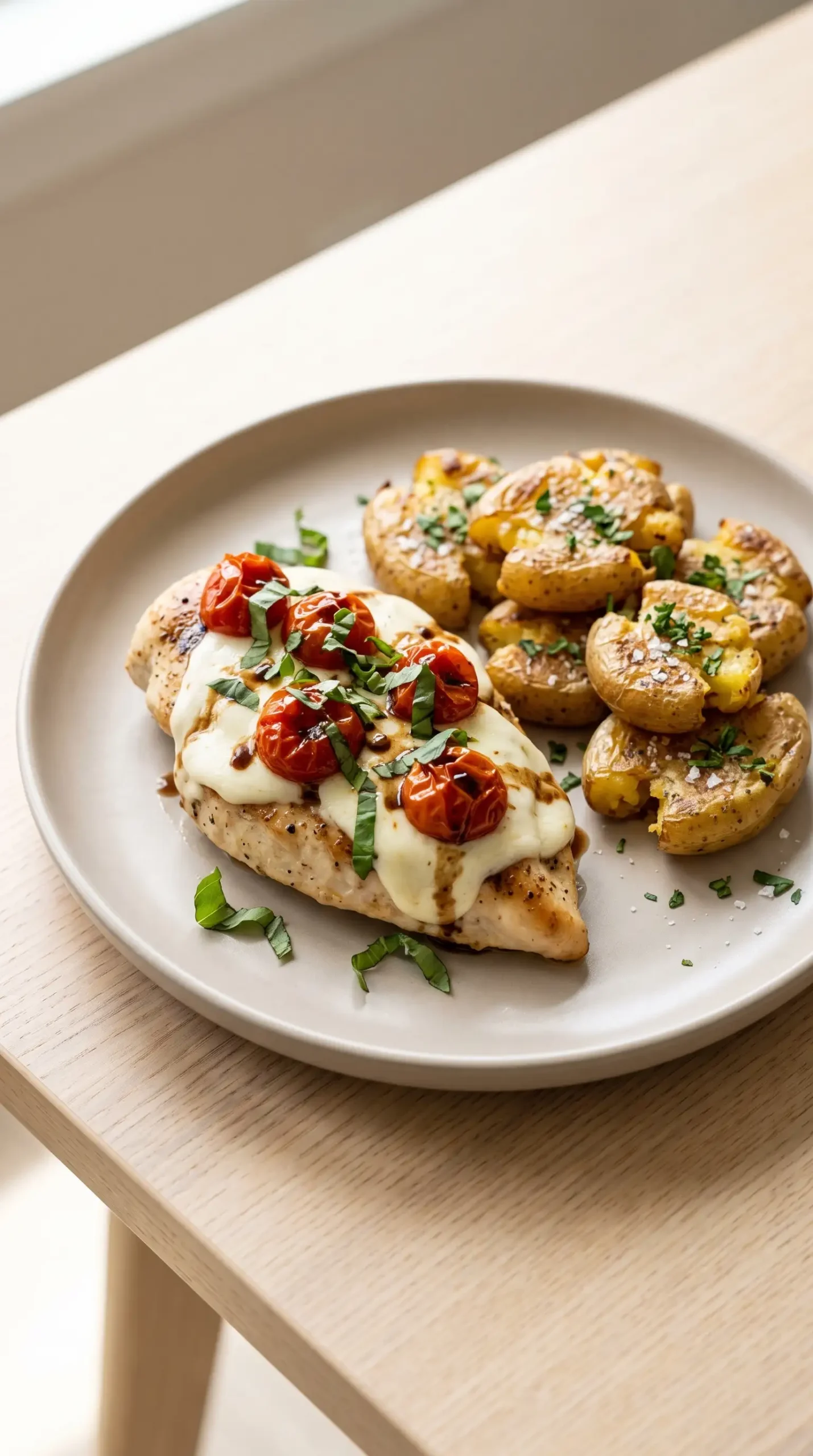 Plated caprese chicken with melted cheese, tomatoes, basil, balsamic drizzle, and smashed potatoes