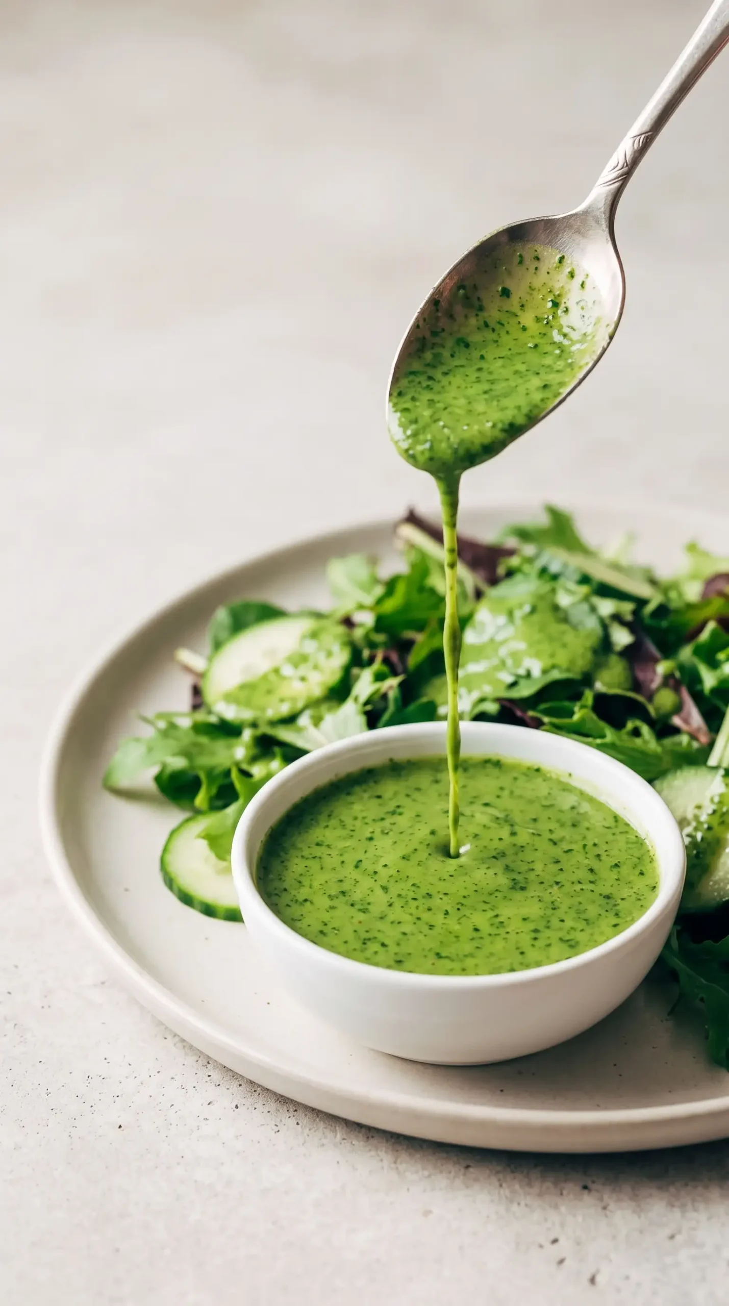 Professional food photography of a finished serving of cilantro vinaigrette being used as a fresh dressing, with the homemade green sauce as the clear primary subject. Show a small ceramic bowl or glass jar filled with smooth bright green cilantro vinaigrette beside a simple serving moment where a spoon is adding the dressing over a fresh salad or grilled vegetables, emphasizing the sauce's pourable texture and vibrant herb color. Keep the composition close-up and realistic with one main food focus, soft natural daylight, and a simple neutral surface. Avoid multiple dishes, ingredient displays, excessive garnish, wooden tables, rustic styling, visible steam, or artificial glossy effects.