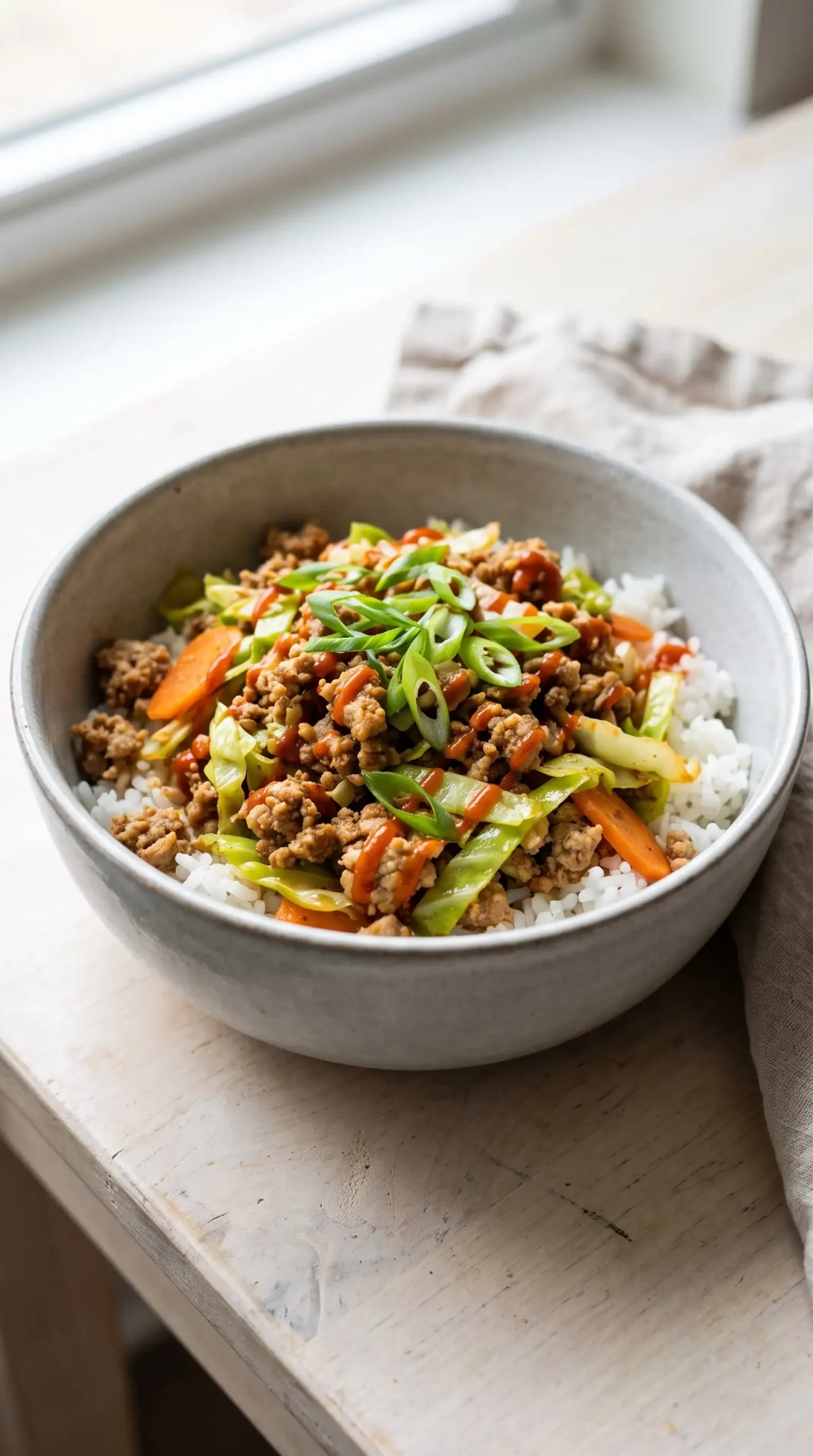 Finished egg roll in a bowl with pork, cabbage, carrots, rice, and green onions
