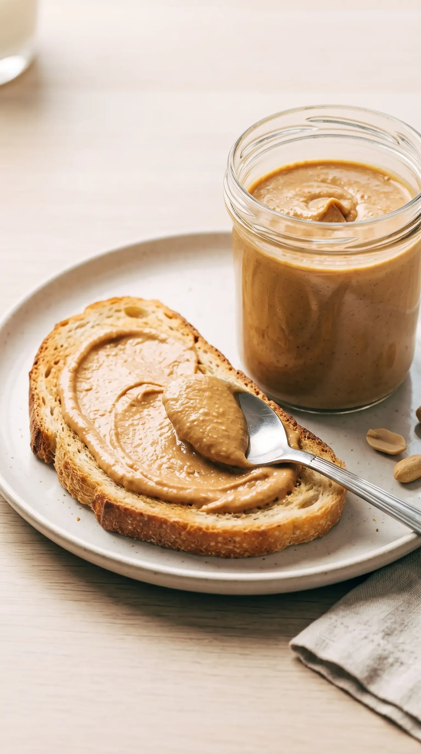 Smooth homemade peanut butter served from a jar with toast and a spoon