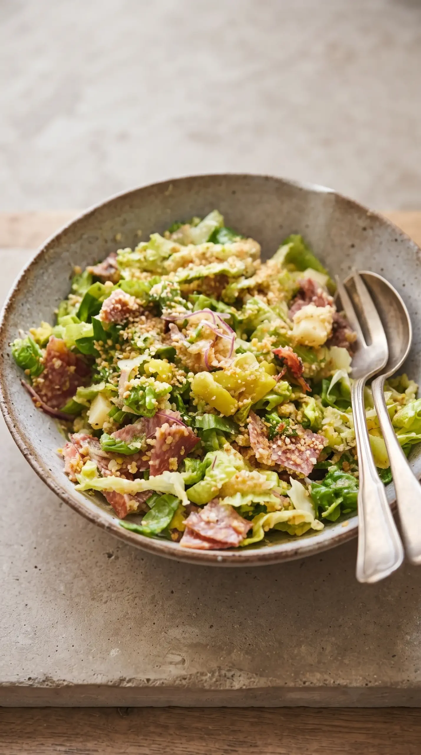 Finished Italian salad serving with salami, cheese, pepperoncini, and toasted panko