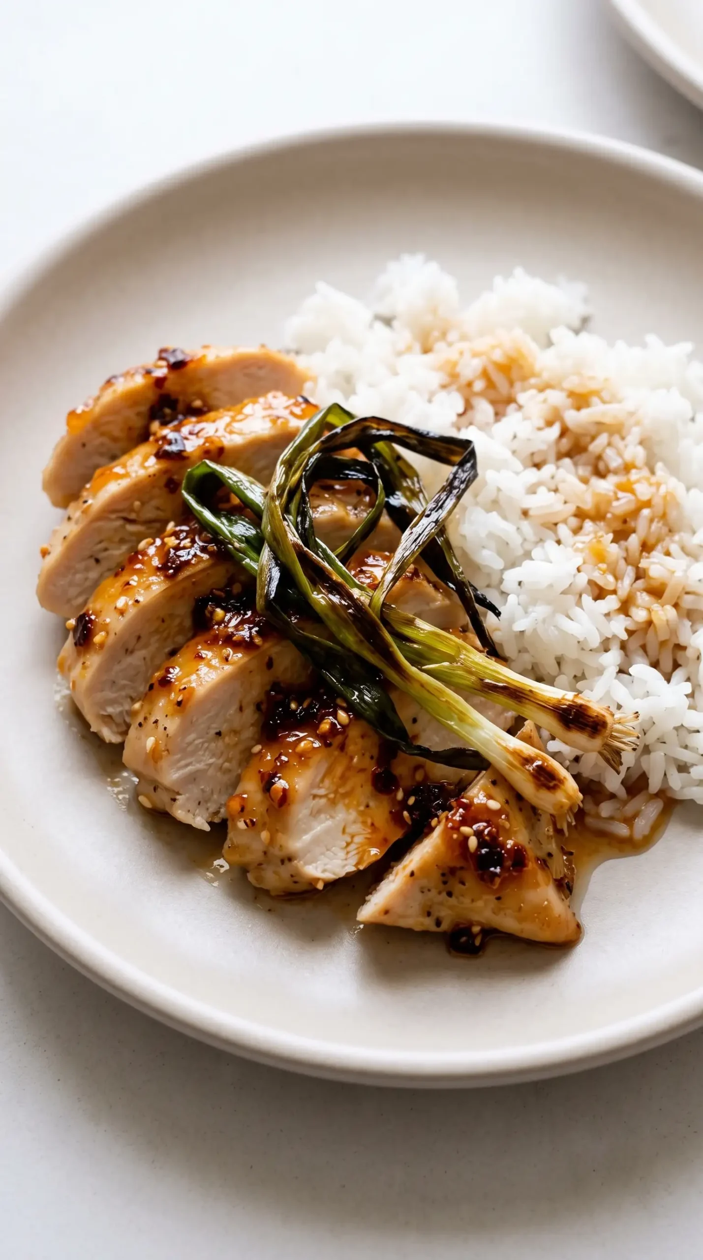 Finished sesame apricot chicken with charred scallions served with white rice