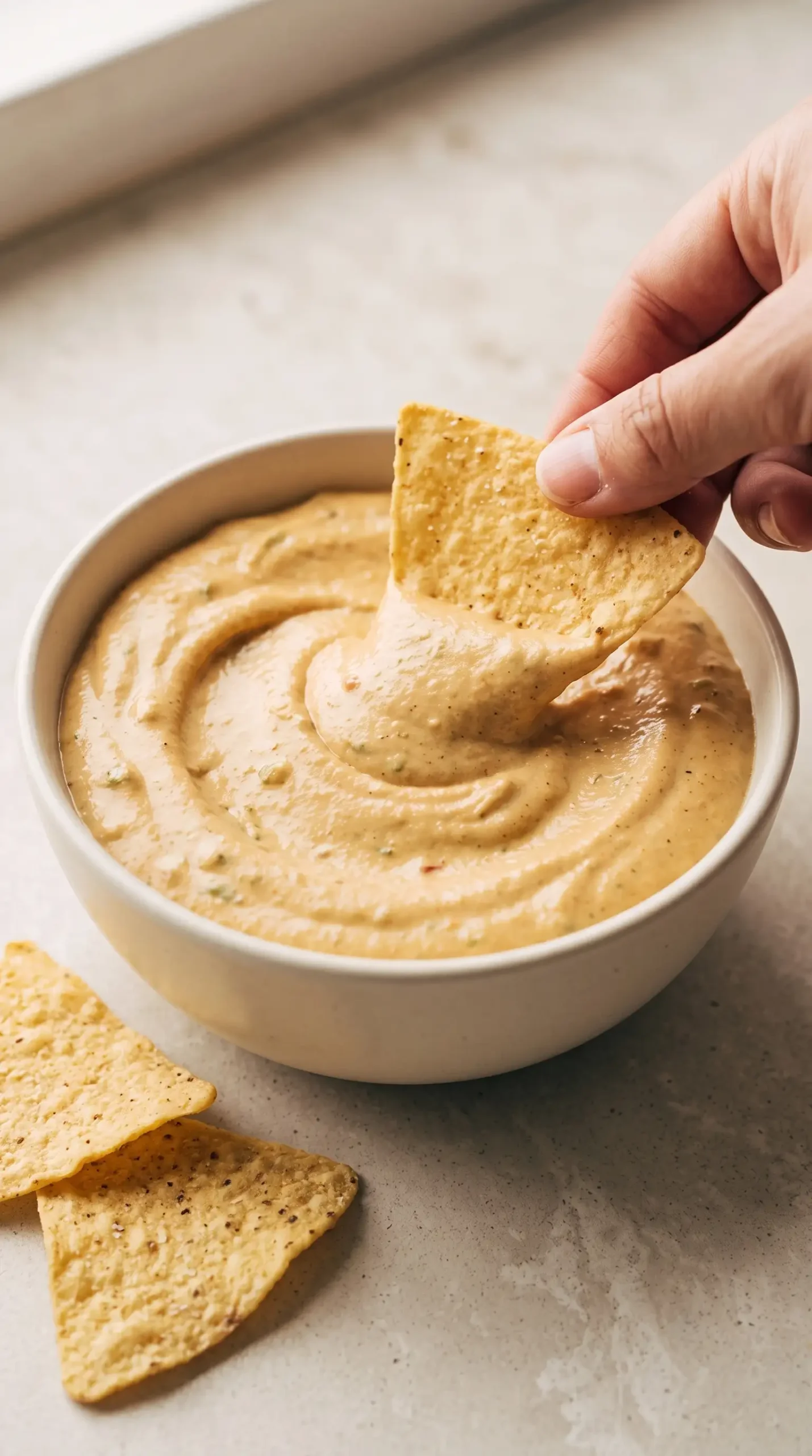 Bowl of creamy vegan queso served with tortilla chips for dipping