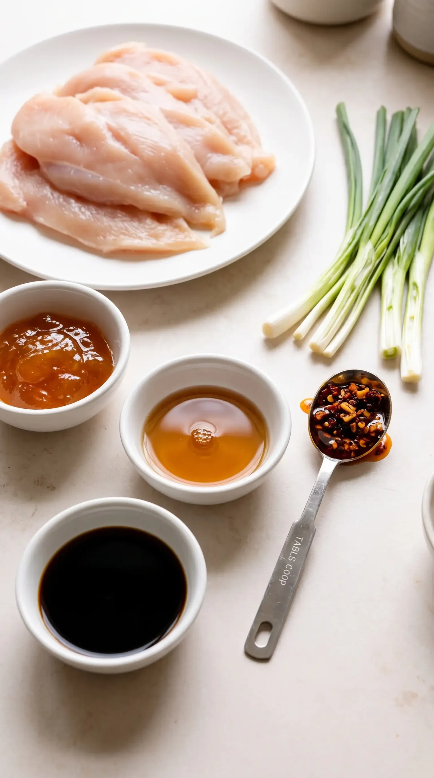Ingredients for sesame apricot chicken with sliced chicken, sesame oil, soy sauce, apricot preserves, and chili crisp