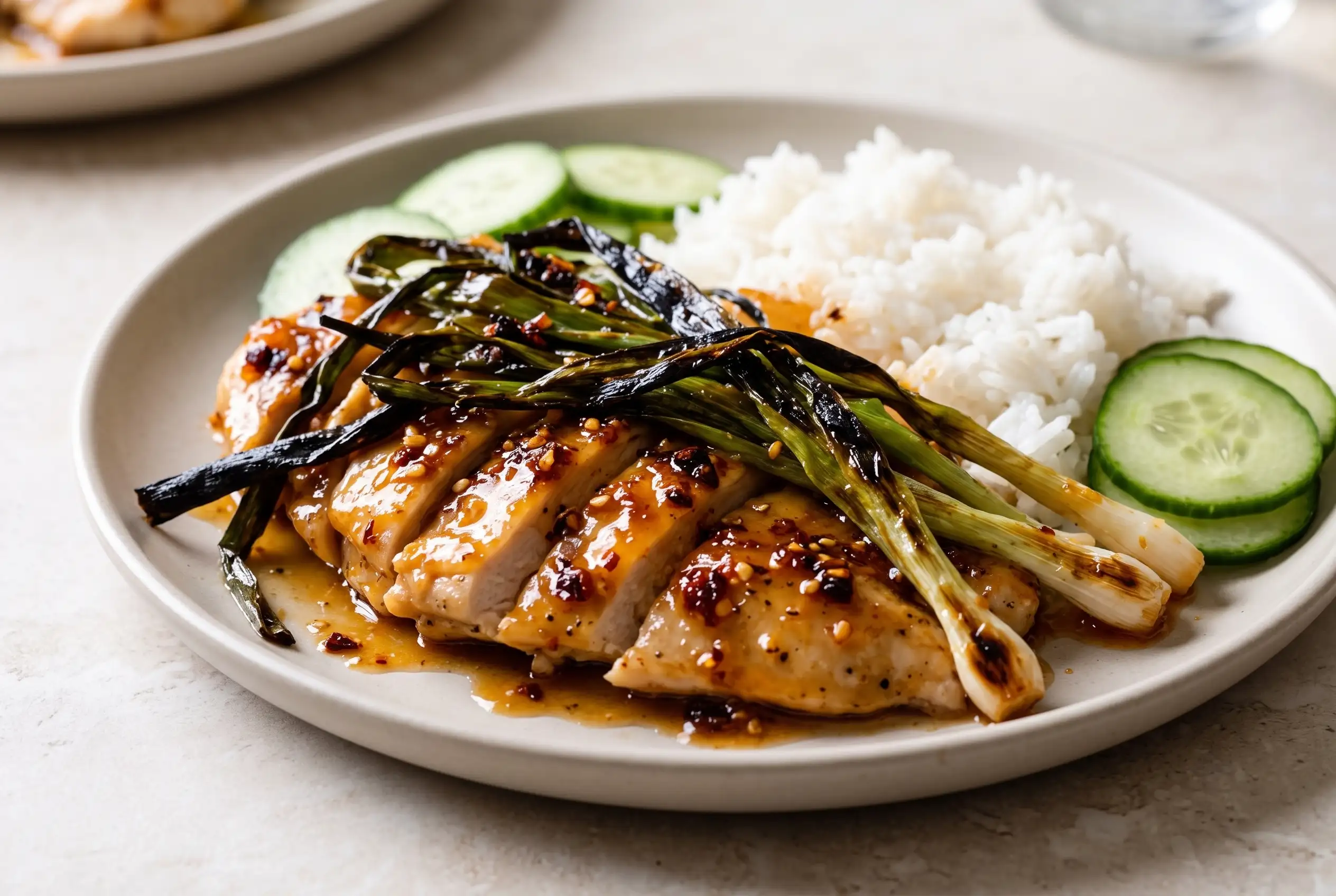 Sesame apricot chicken with charred scallions, white rice, and glossy sweet-spicy glaze