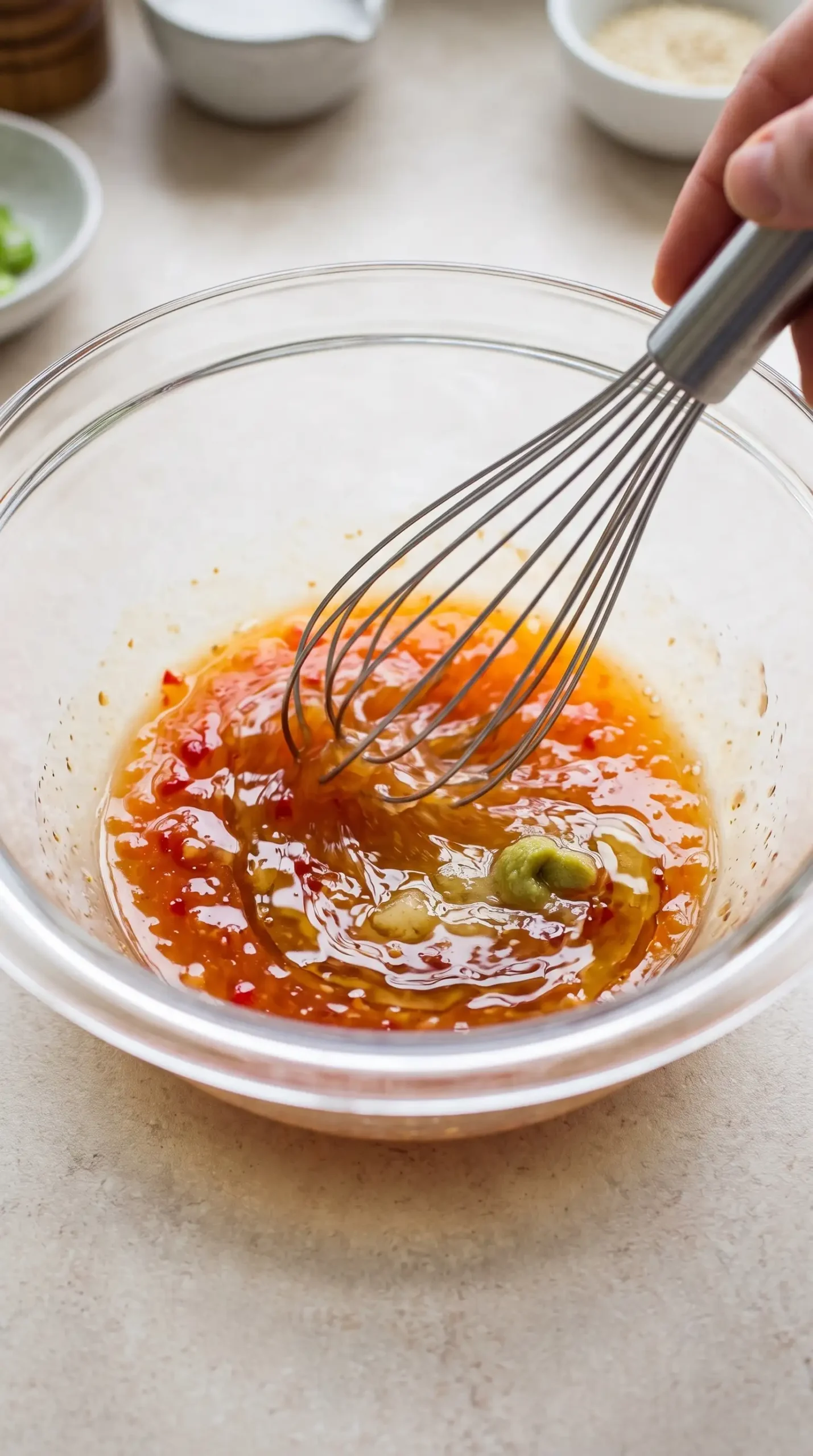 Sesame chili vinaigrette ingredients being whisked in a glass bowl