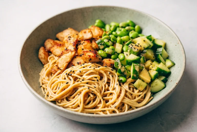 Sesame noodle bowls with creamy sesame sauce, chicken, edamame, cucumber, and sesame seeds
