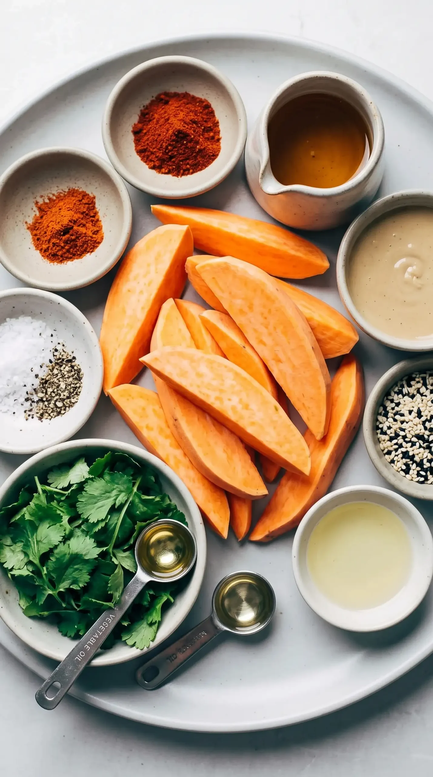 Ingredients for sesame roasted sweet potatoes with sweet potatoes, spices, tahini, sesame, and cilantro