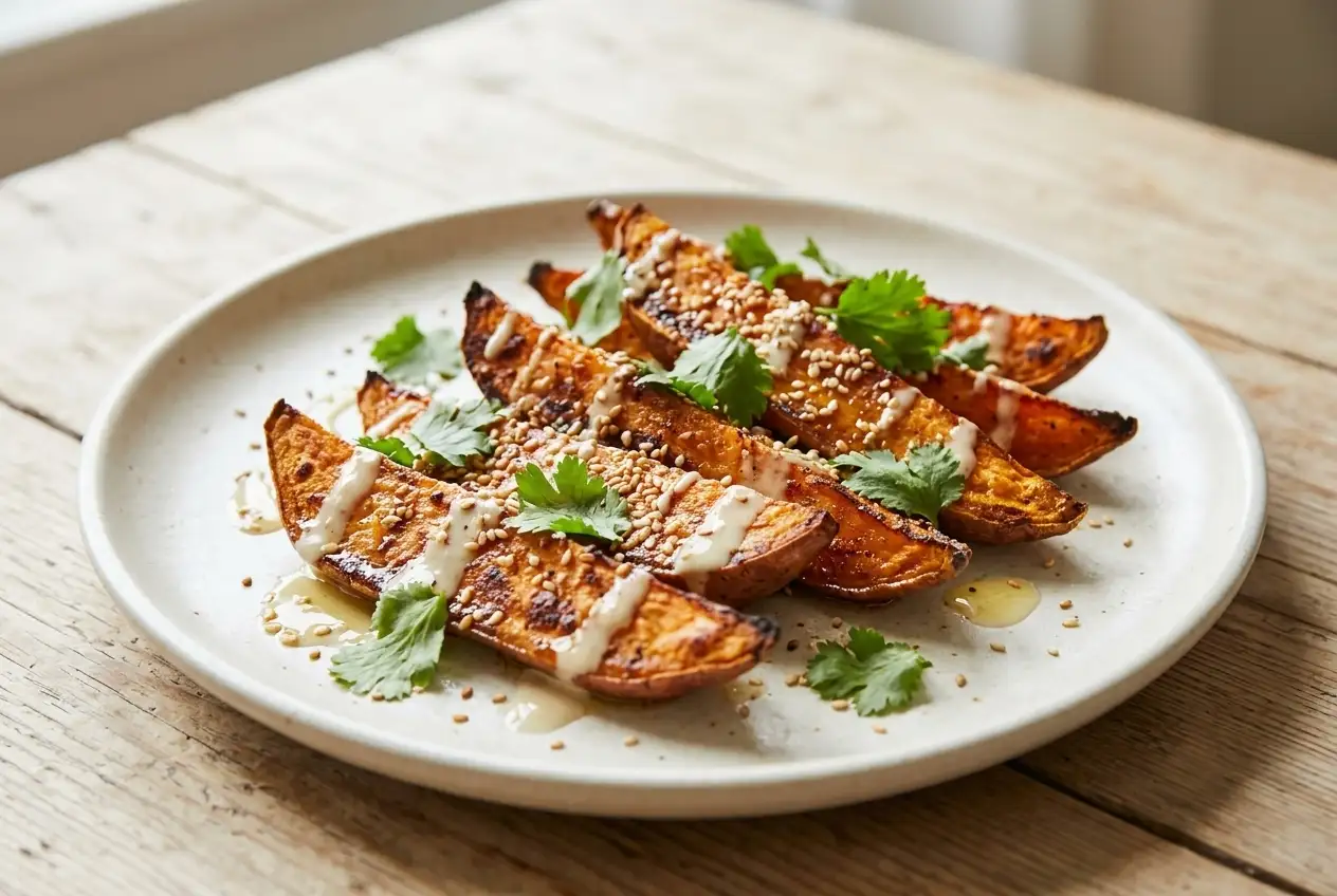 Sesame roasted sweet potatoes with tahini drizzle, sesame seeds, and cilantro on a plate